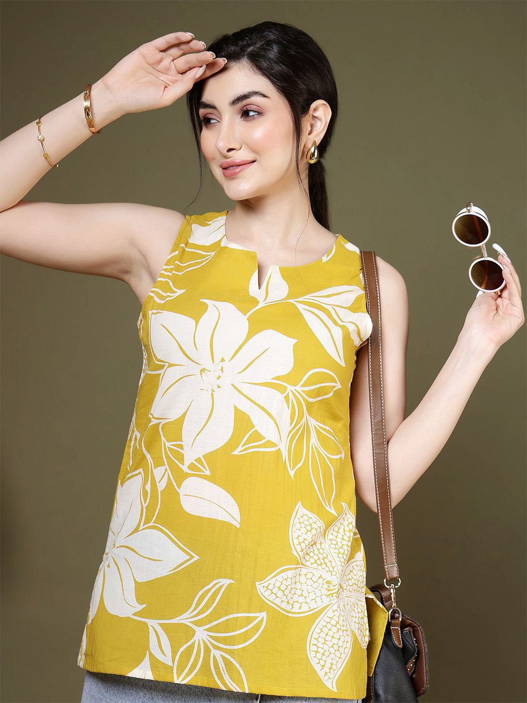 KALAMIR Women Floral Printed Sleeveless Cotton Top