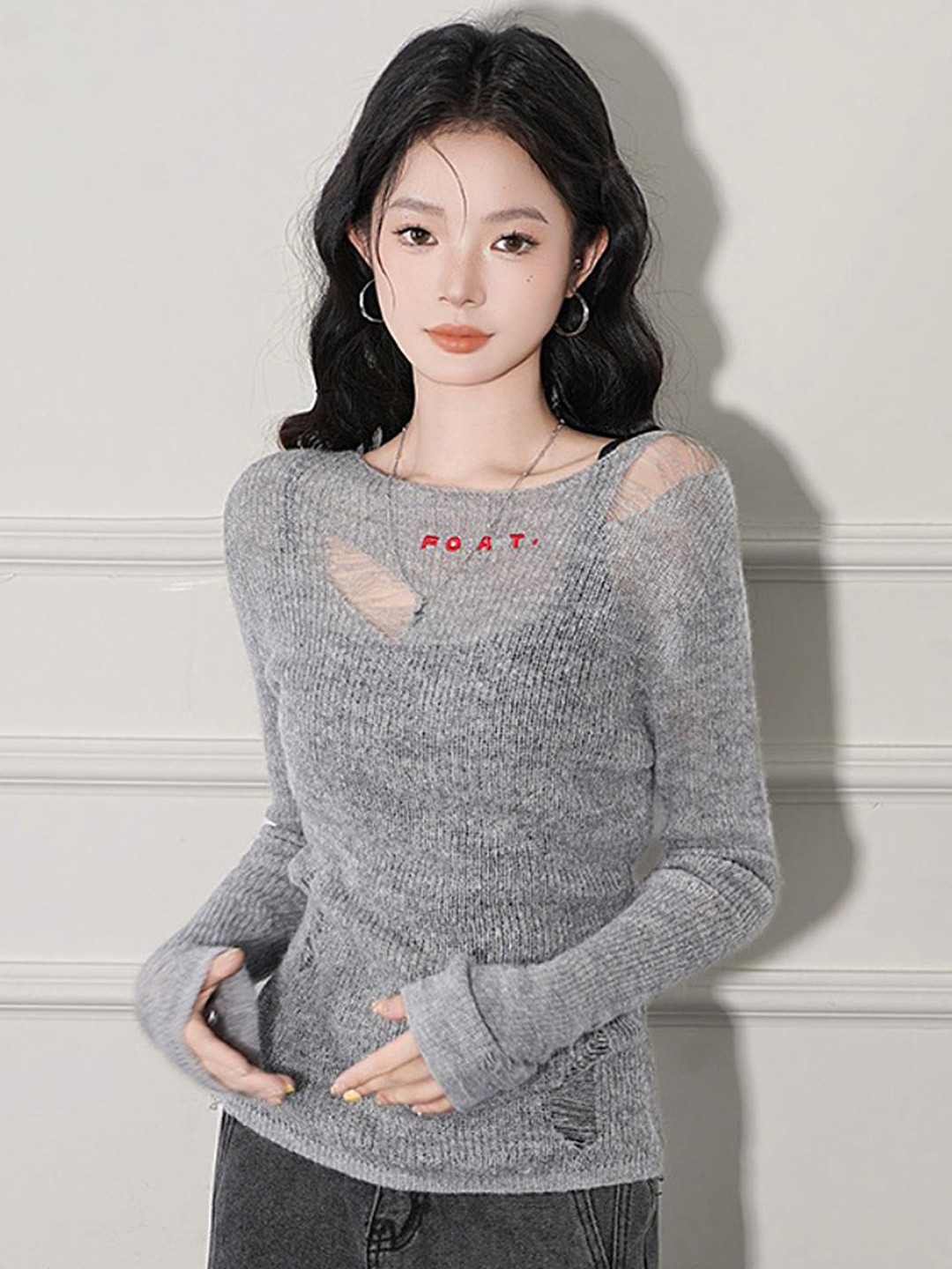 LULU & SKY Grey Boat Neck Distressed Regular Top