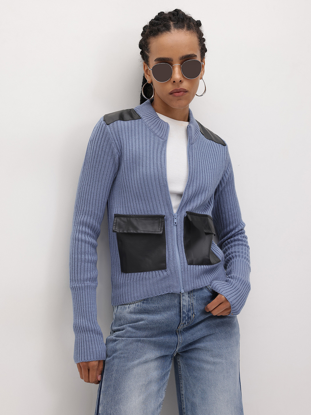 The Roadster Life Co. Patch Faux Leather Acrylic Ribbed Cardigan