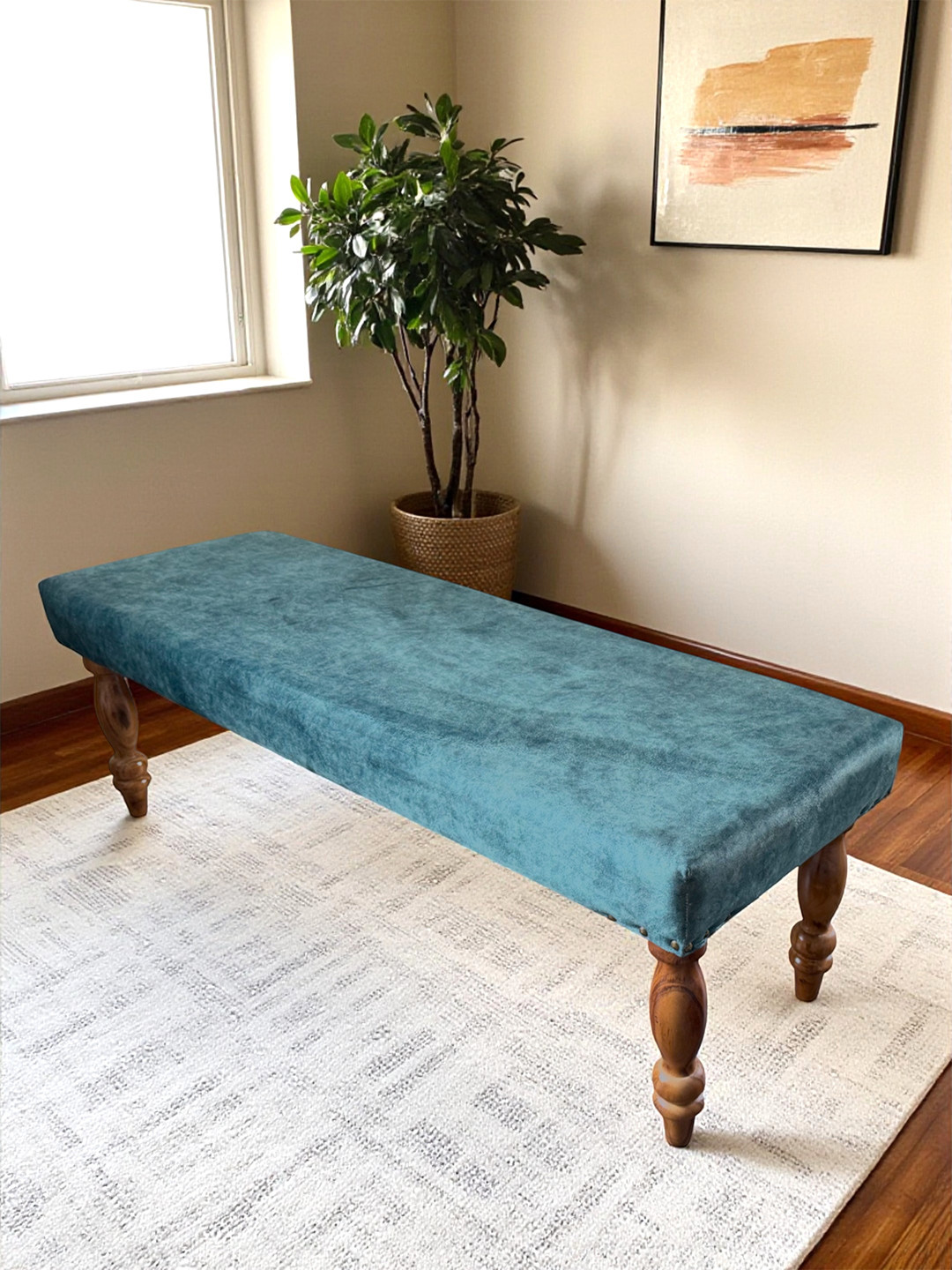 Ikiriya Cairo Sheesham Wood Accent 3 Seater Bench In Blue Jacquard Work Fabric