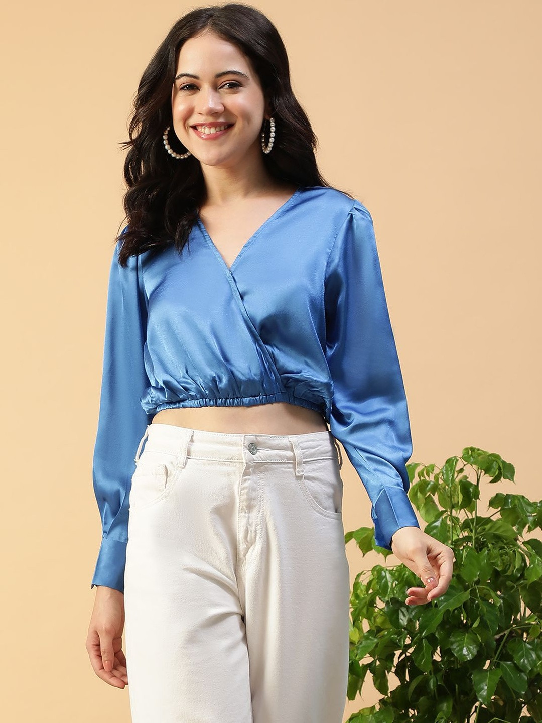 Oxolloxo Women V-Neck Long Sleeve Elasticated Satin Wrap Crop Top