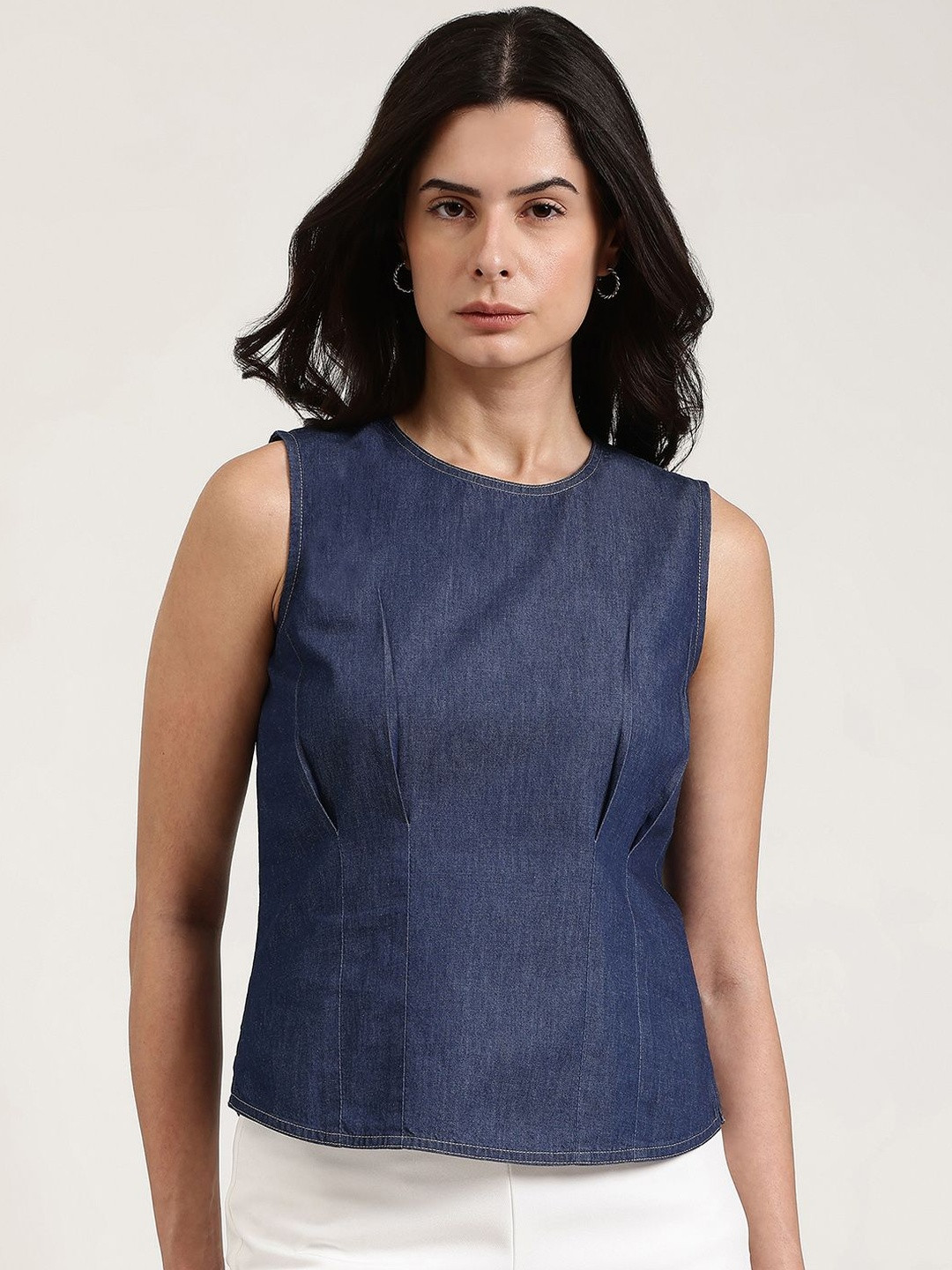 FableStreet Women Navy Blue Denim Round Neck Top