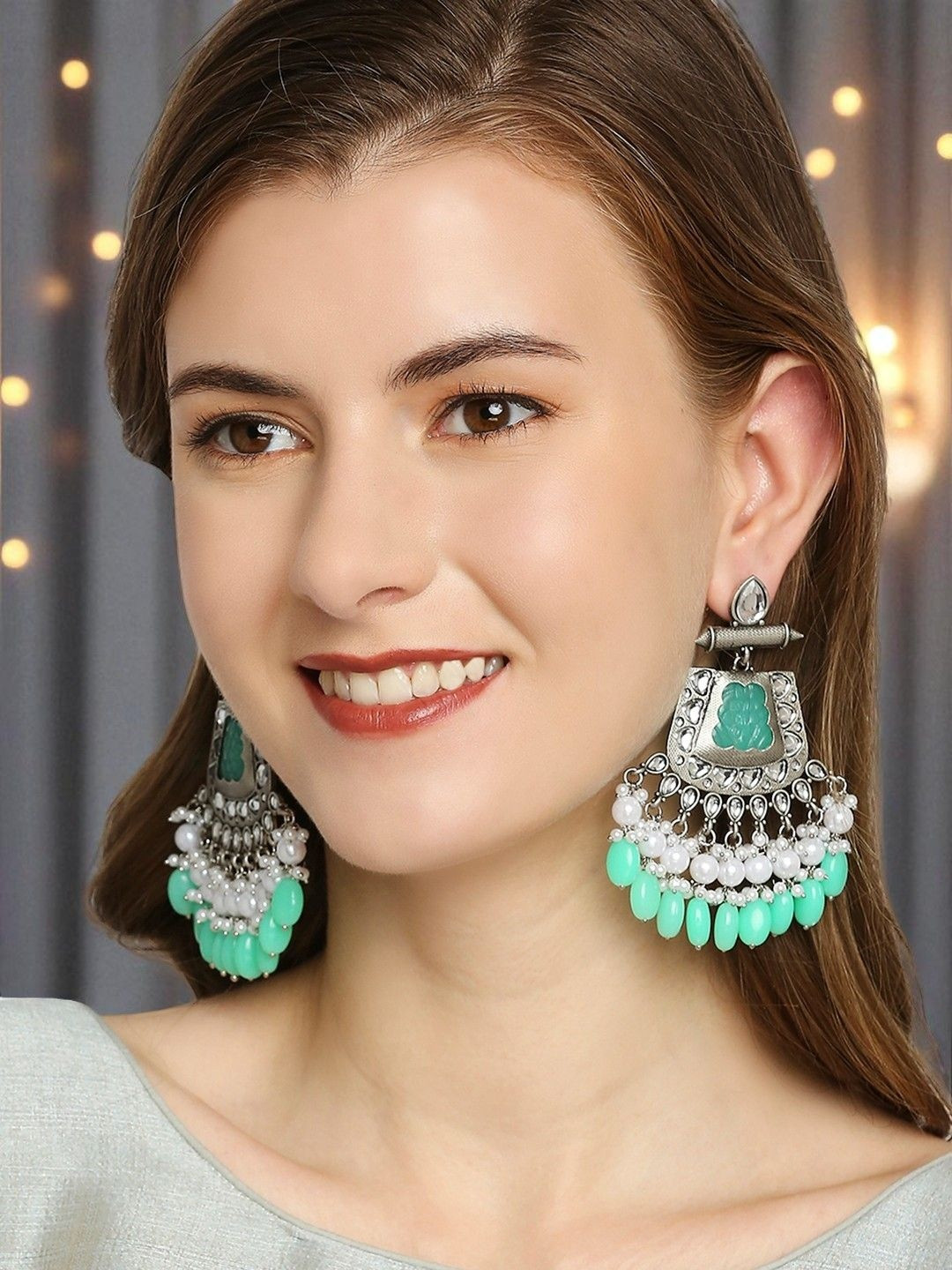 fabula  Kundan Studed And Beaded Oxidised contemporary Drop Earrings