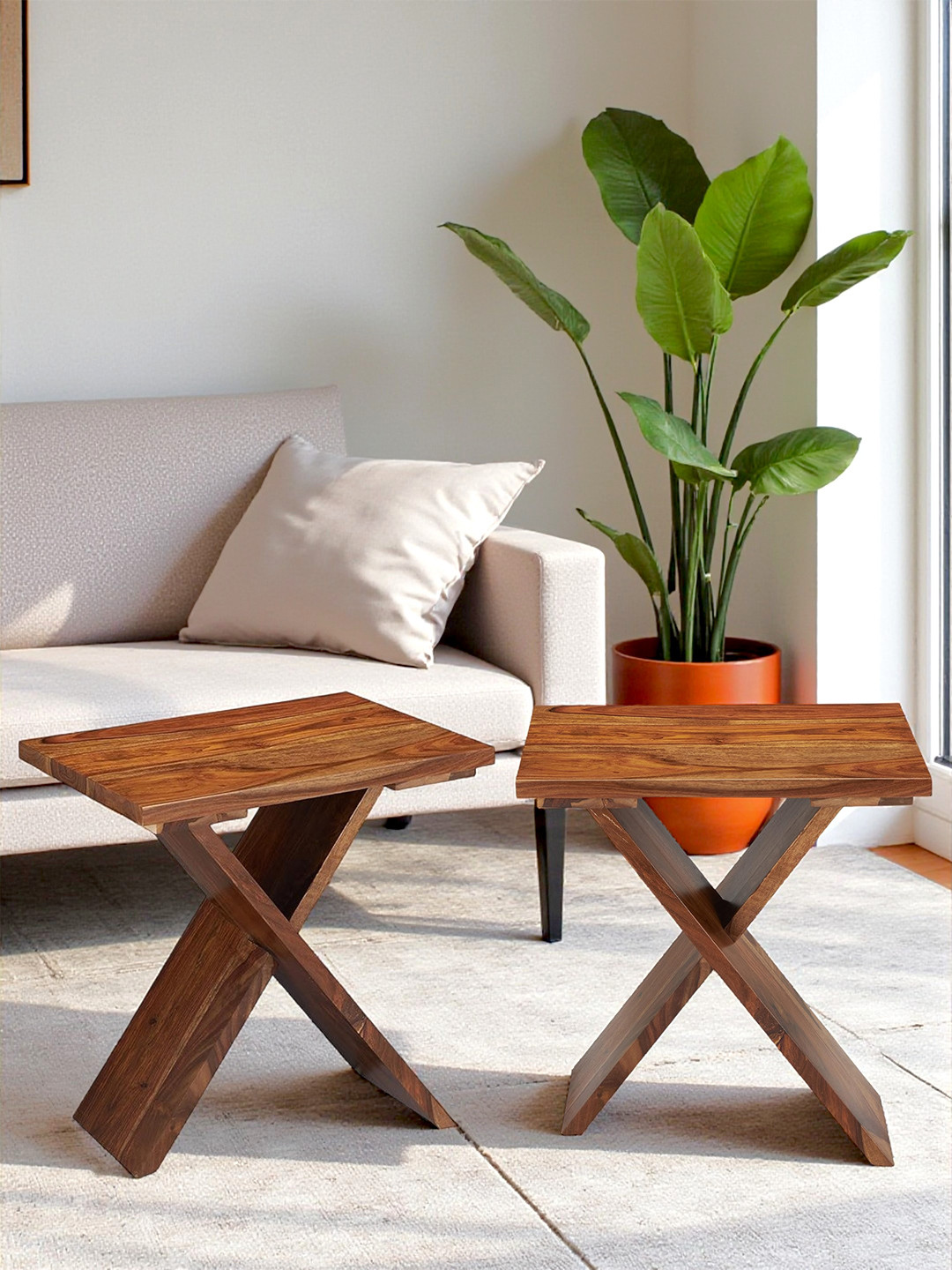 Ikiriya Sheesham Wood Set Of 2 Tea Table Corner Table Bedside Table In Natural Teak Finish