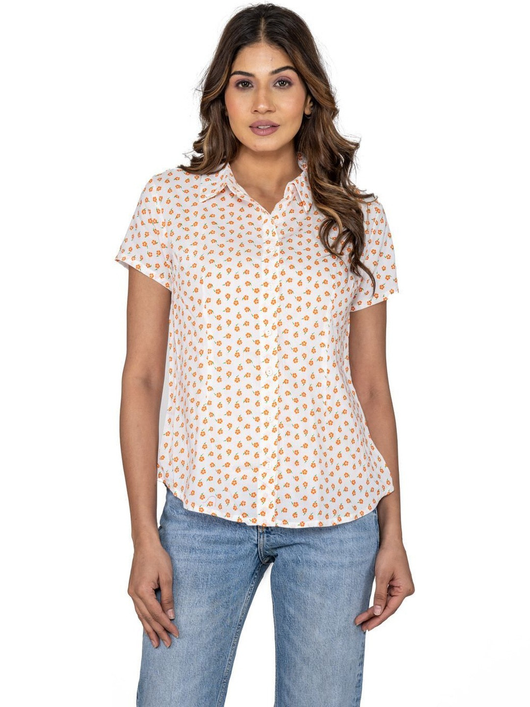 AMADORE Women White Viscose Rayon Floral Printed Casual Shirt