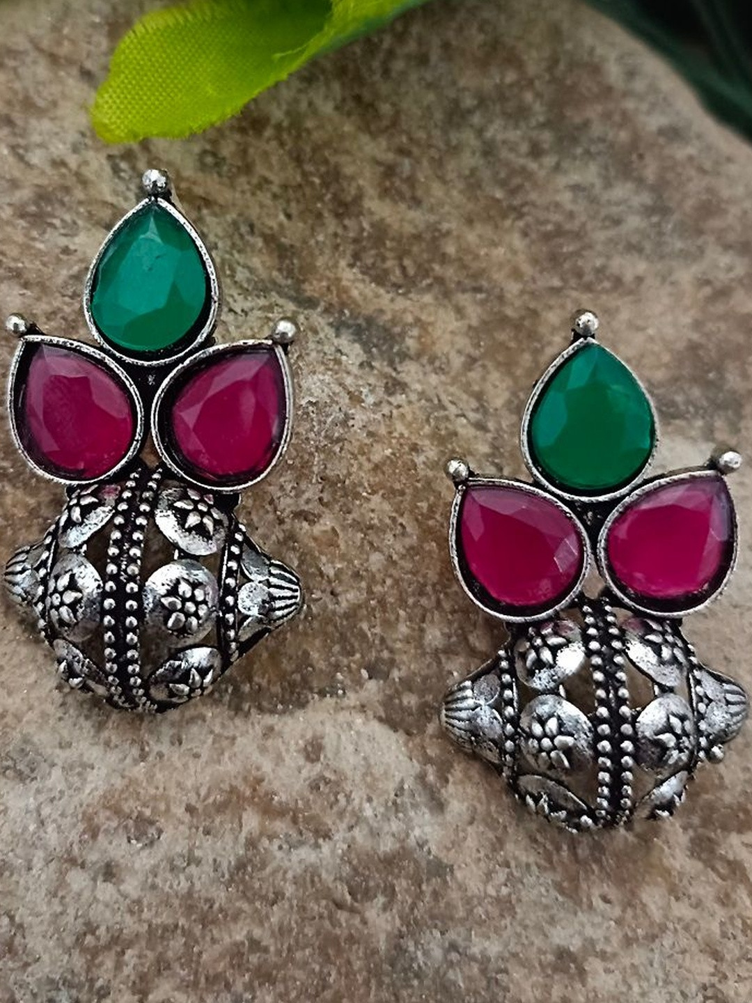 Sanjog German Silver Brass Plated Artificial Stones Studded Teardrop Shaped Studs