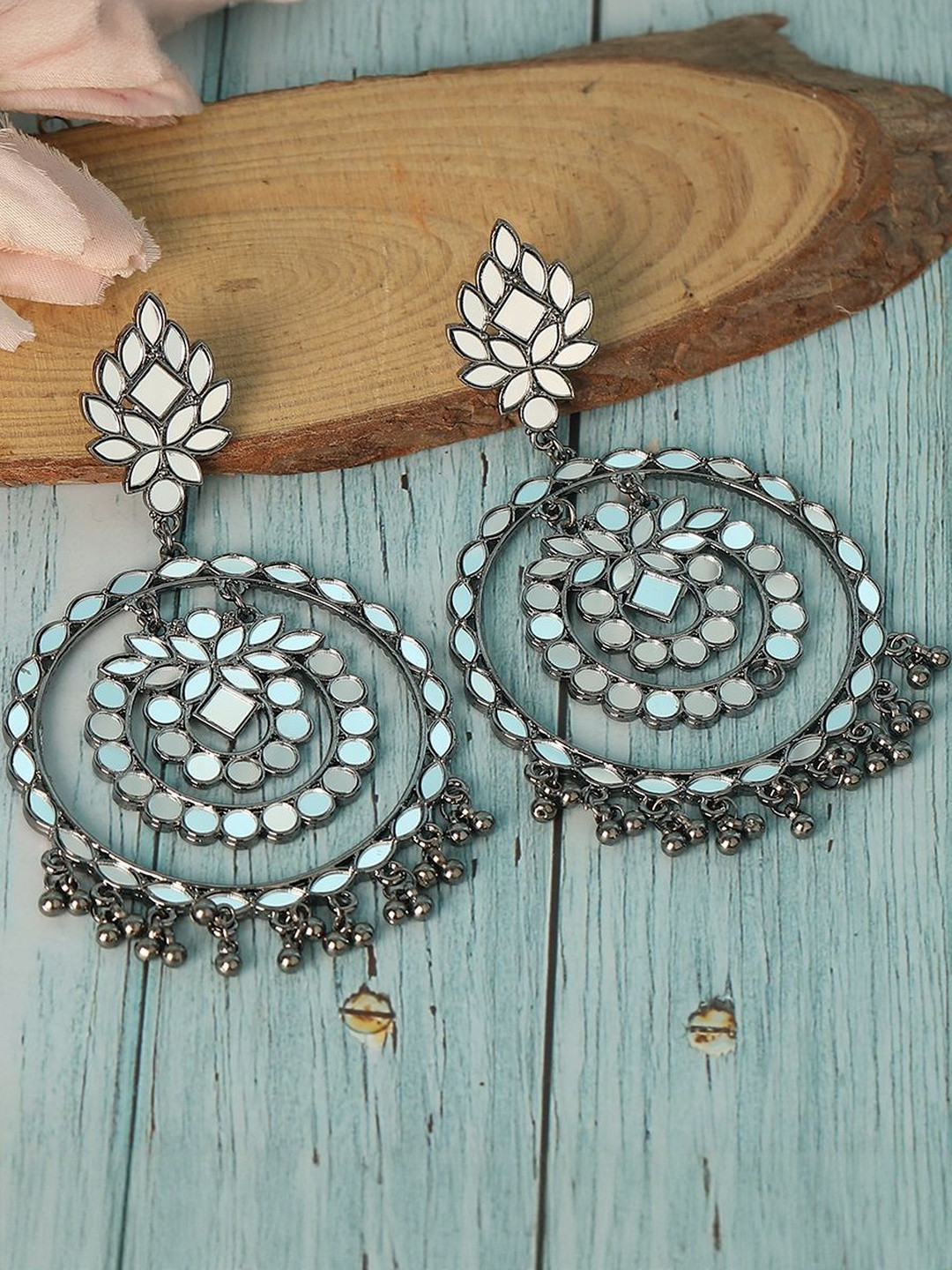 Anouk Women Silver-Plated Oxidized Mirror Work Chandbalis