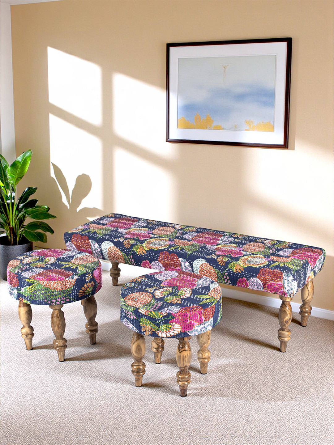 Ikiriya Solid Wood Mid Century 3 Seater Bench Set With 2 Stools In Fruit Print Blue Kantha