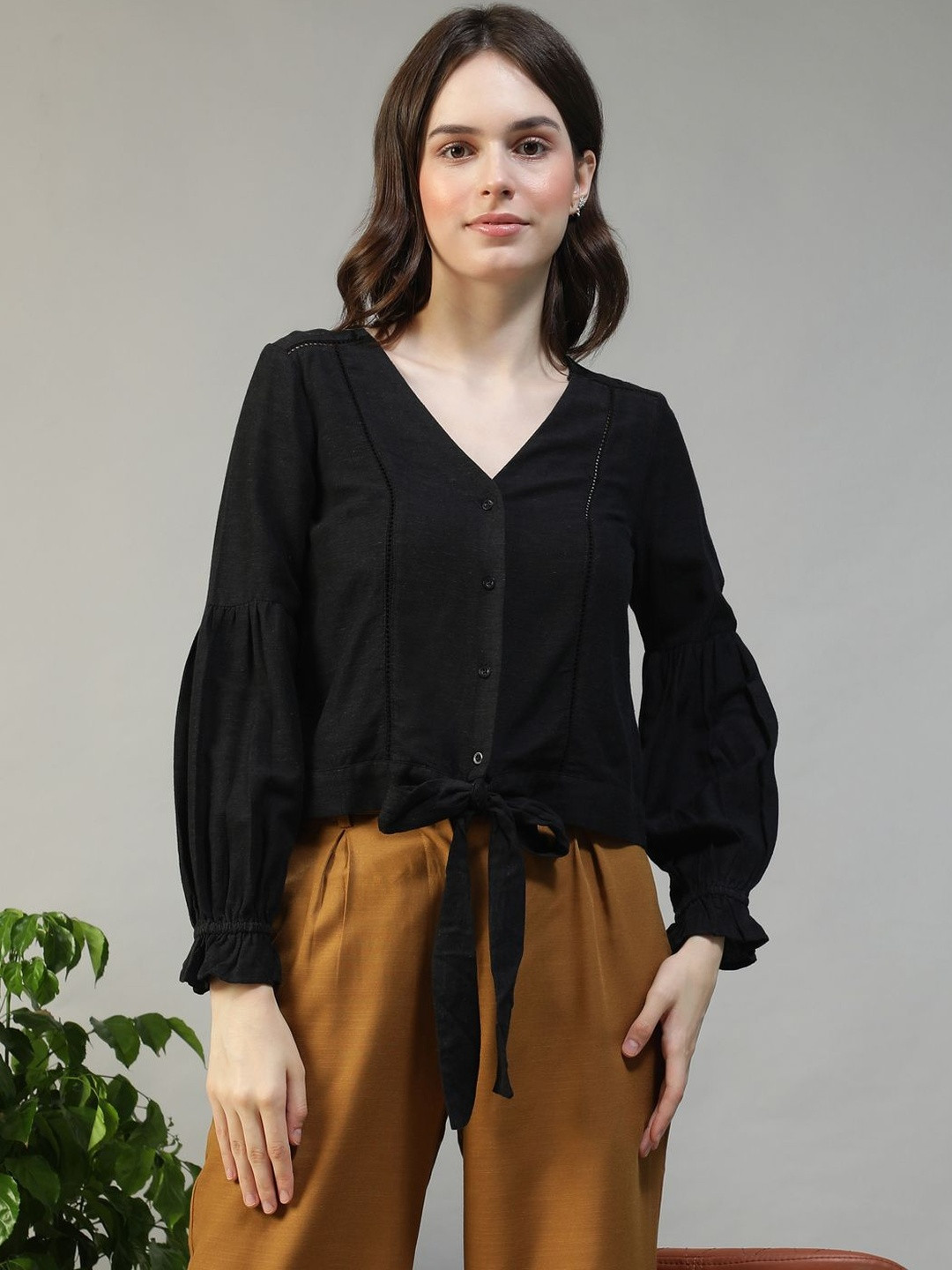 Oxolloxo Women Solid Long Puff Sleeve Lace & Tie-Up Detail Regular Top