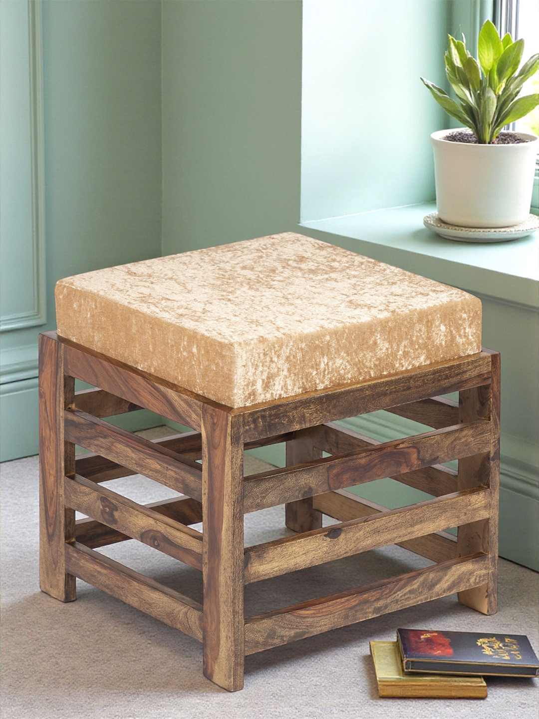 Ikiriya Sheesham Wood Square Stool In Teak Finish With Beige Sparkle Velvet Cushion