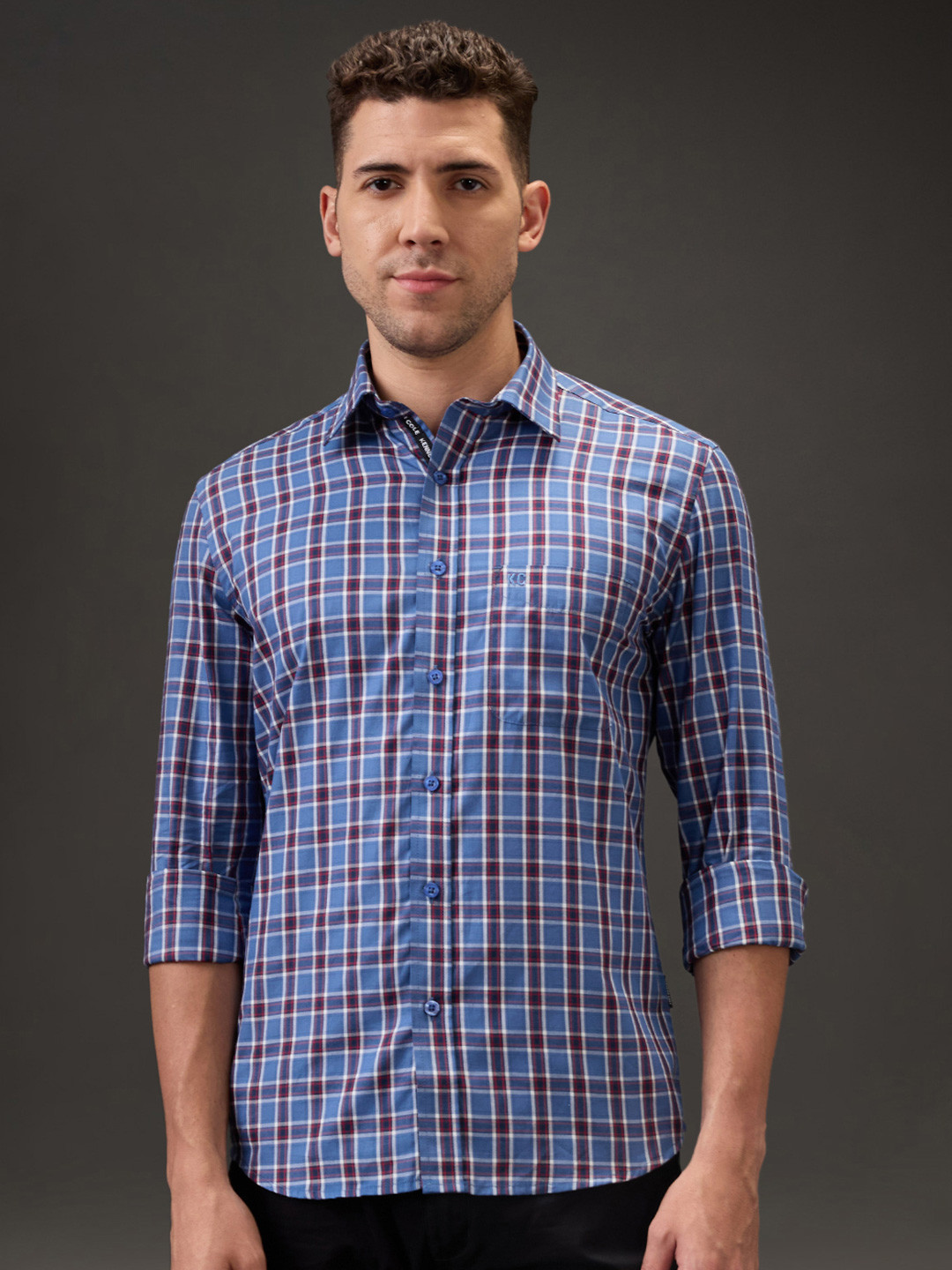 Kenneth Cole Men Checked Spread Collar Pure Cotton Casual Shirt