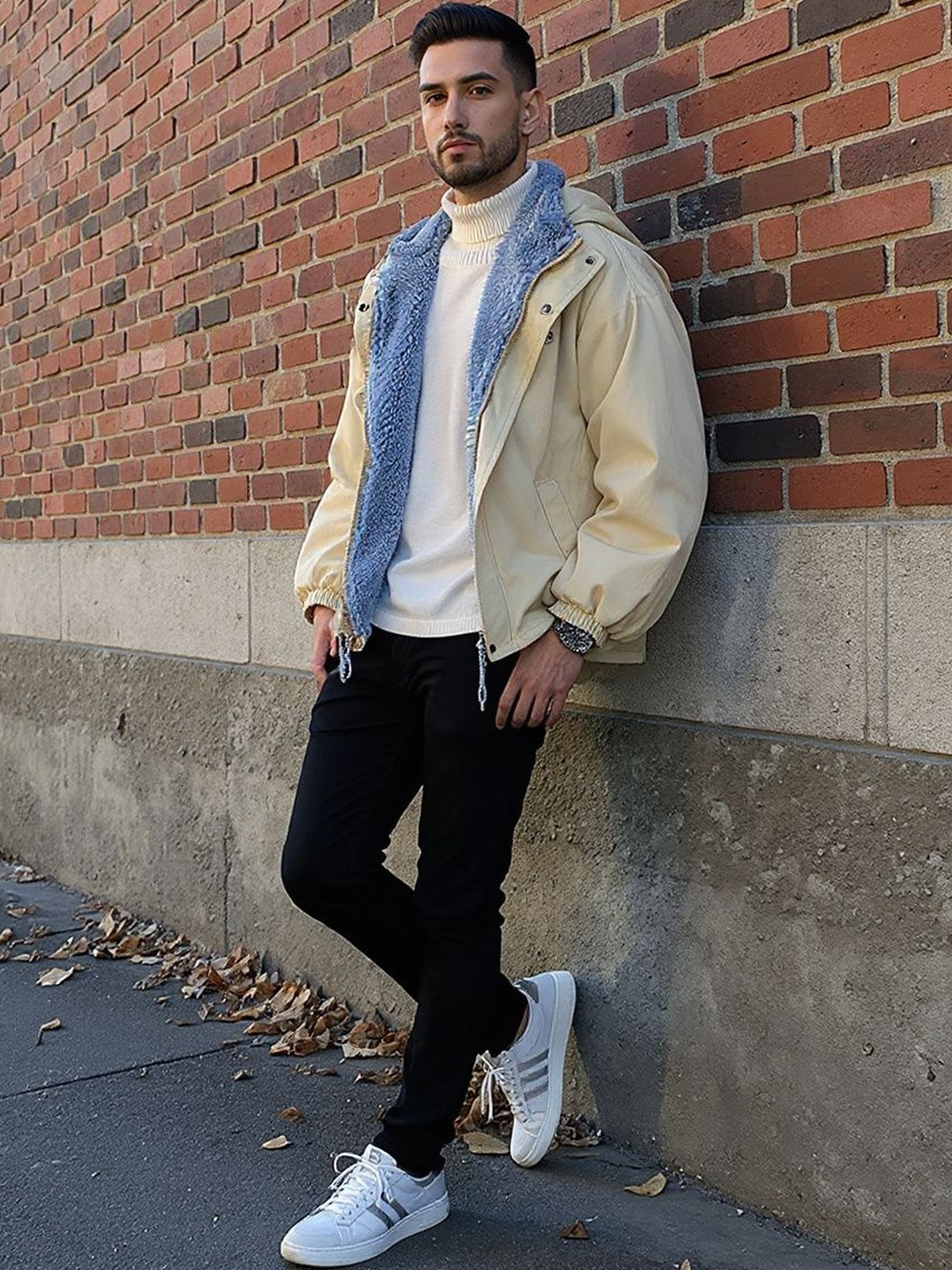 HERE&NOW Men Beige Lapel Collar Polyester Insulator Open Front Jacket