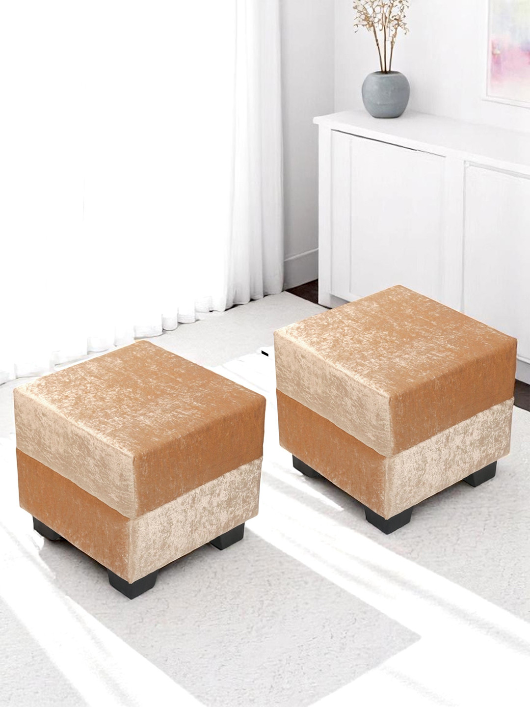 Ikiriya Solid Wood Square Set Of 2 Pouffees In Beige Sparkle Velvet Upholstery