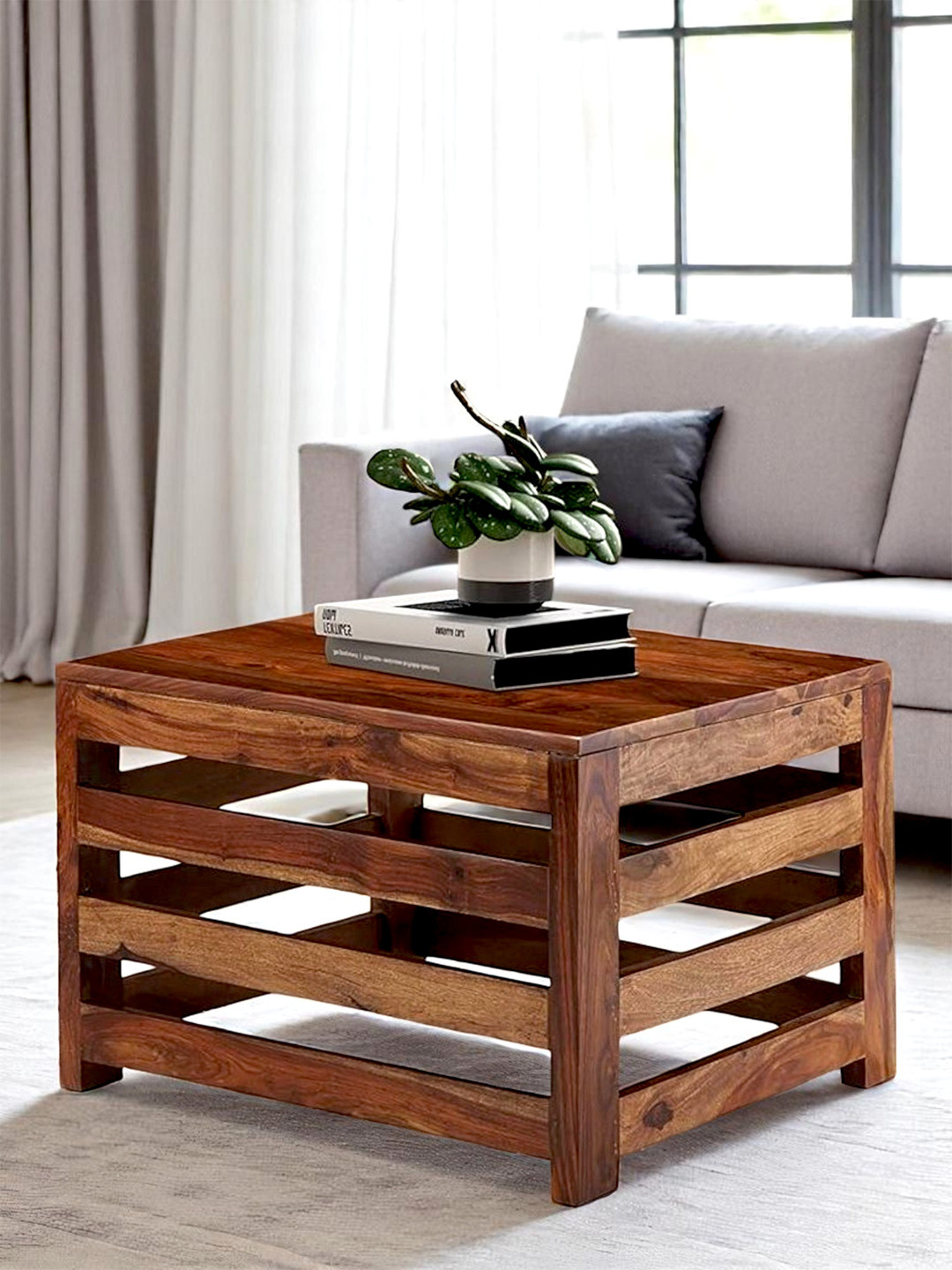 Ikiriya Sheesham Wood Contemporary Coffee Table In Natural Teak Finish