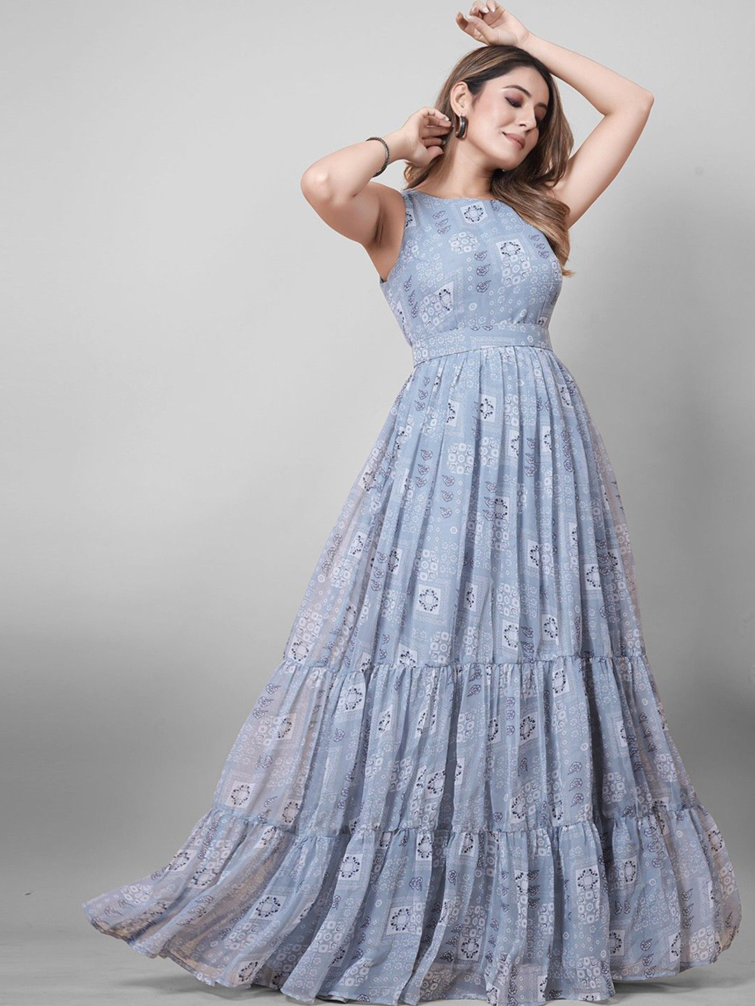 J.KANJI Abstract Printed Tiered Georgette Fit and Flare Maxi Dress