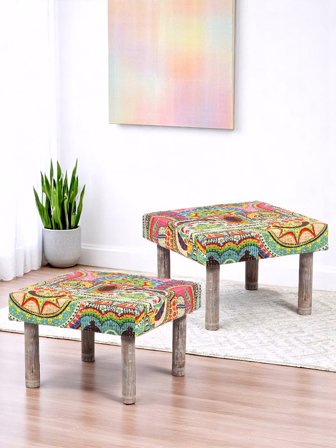Ikiriya Acacia Wood Square Set Of 2 Pouf Stools In Israel Print Patch Kantha Upholstery