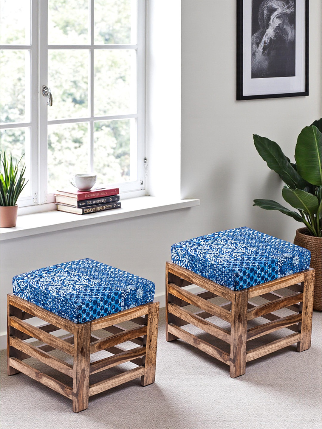 Ikiriya Sheesham Wood Set Of 2 Stools In Teak Finish With Indigo Patchwork Kantha Cushion