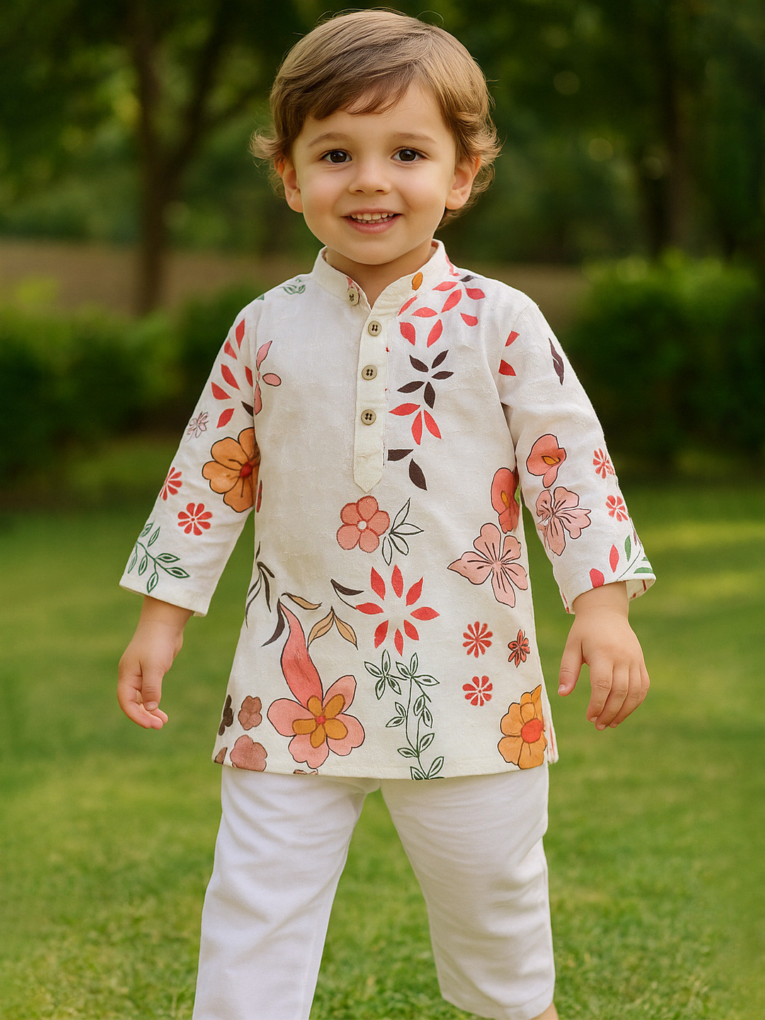 TRYBUY.IN Boys Floral Printed Regular Pure Cotton Kurta With Trousers