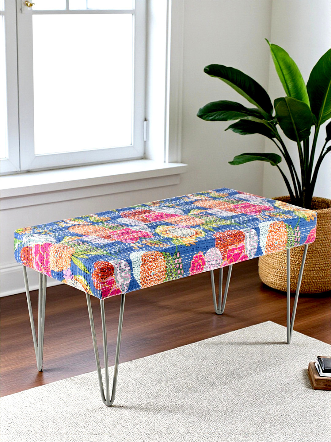 Ikiriya Sheesham Wood Mid Century 2 Seater Bench With Metal Leg In Fruit Print Blue Kantha