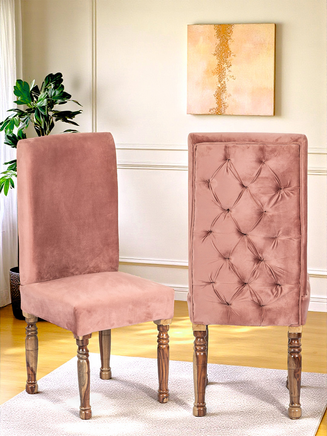 Rosslyn Sheesham Wood Accent Set Of 2 Dining Chairs (Coral Pink Velvet; Teak Finish)