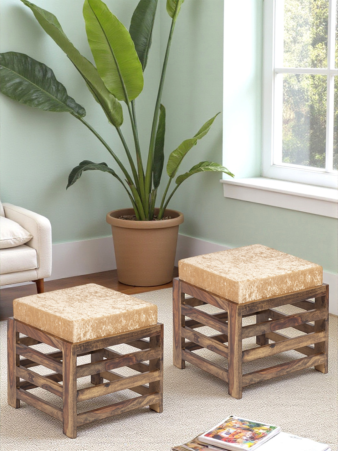 Ikiriya Sheesham Wood Set Of 2 Stools In Teak Finish With Beige Sparkle Velvet Cushion