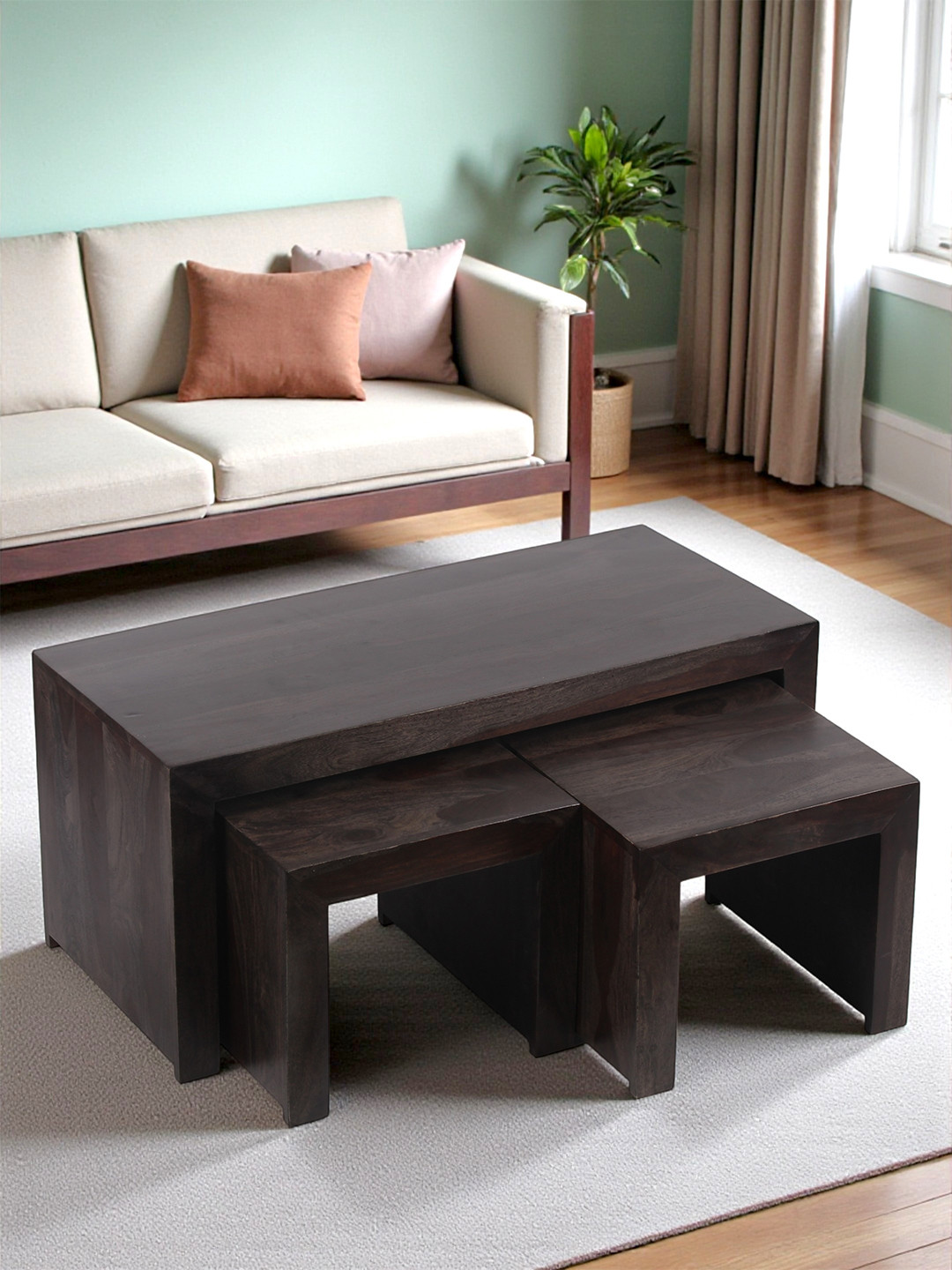 Ikiriya Sheesham Wood Contemporary Coffee Table Set In Dark Mahagony Finish