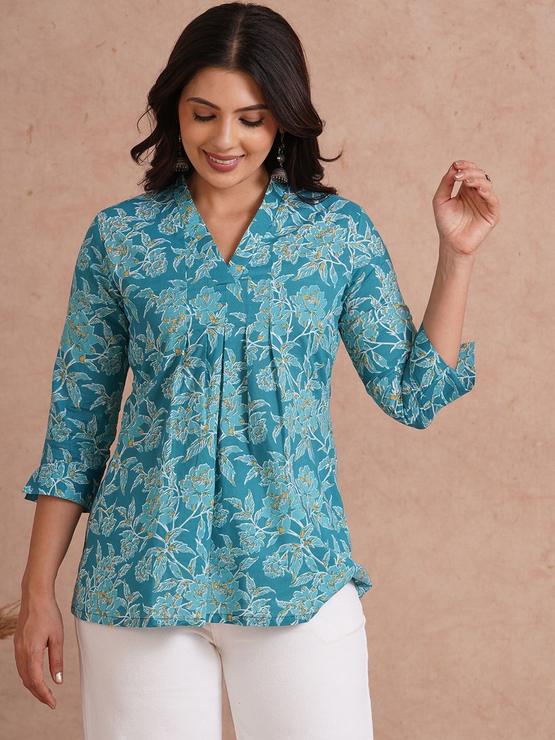KAMI KUBI Women Floral Printed Gathered or Pleated Cotton Regular Top