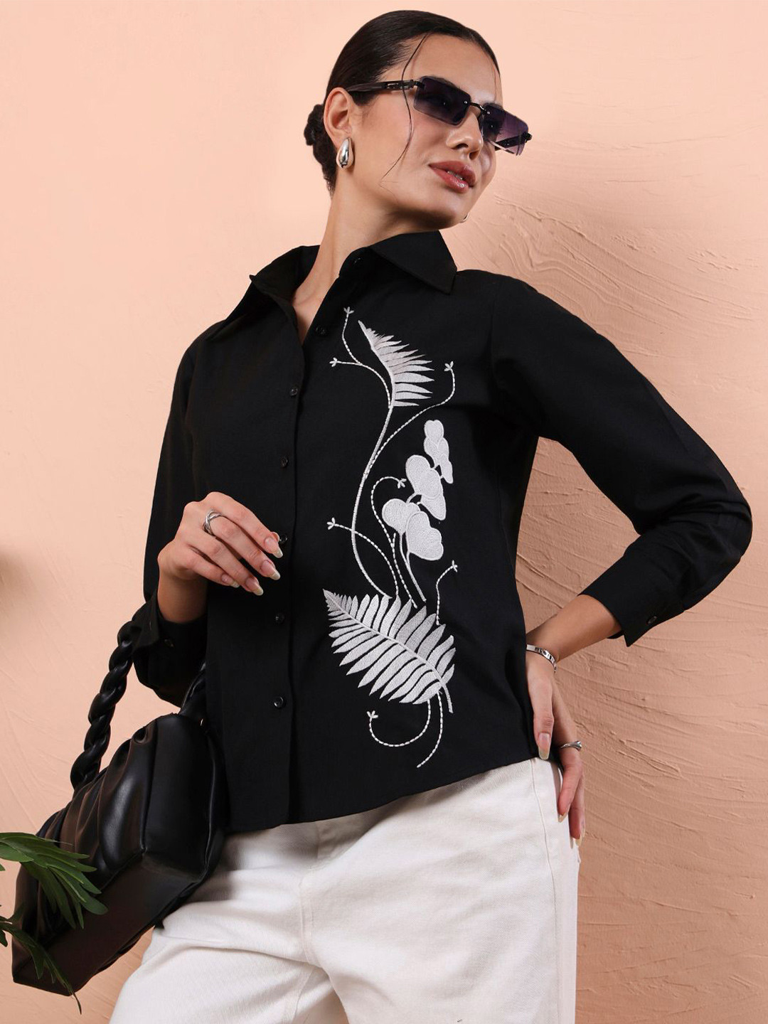all about you Women Floral Self Design Spread Collar Linen Casual Shirt