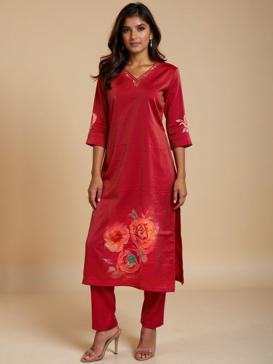 trueBrowns Women Pink Floral Print Kurta Pant Dupatta Set