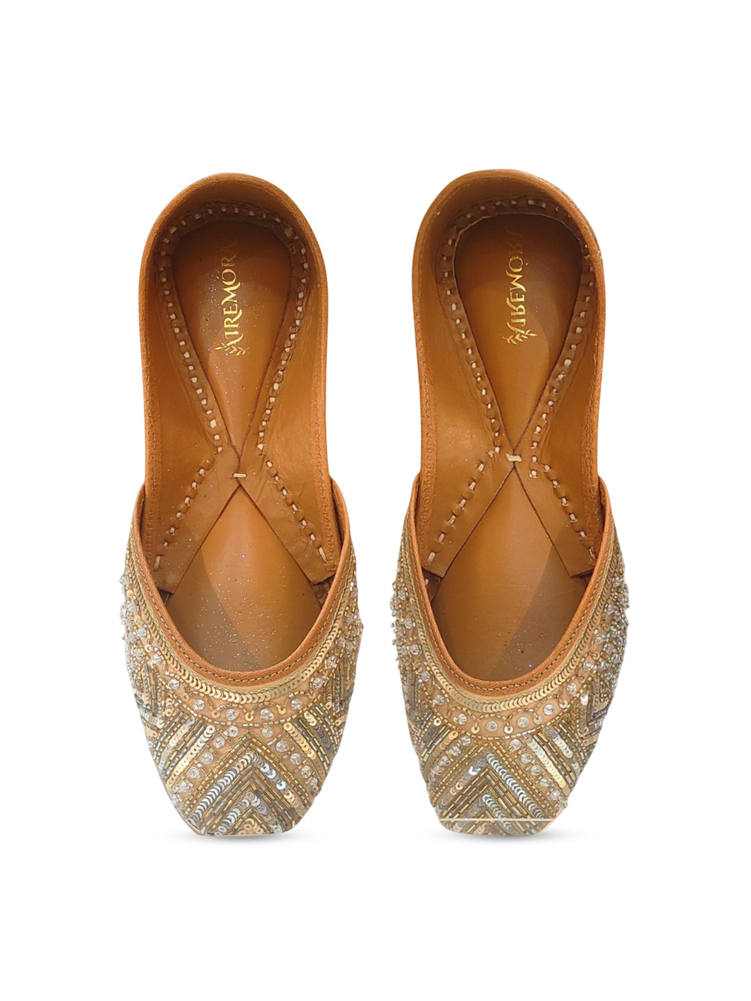 Airemora Women Square Toe Leather Embellished Mojaris Flats