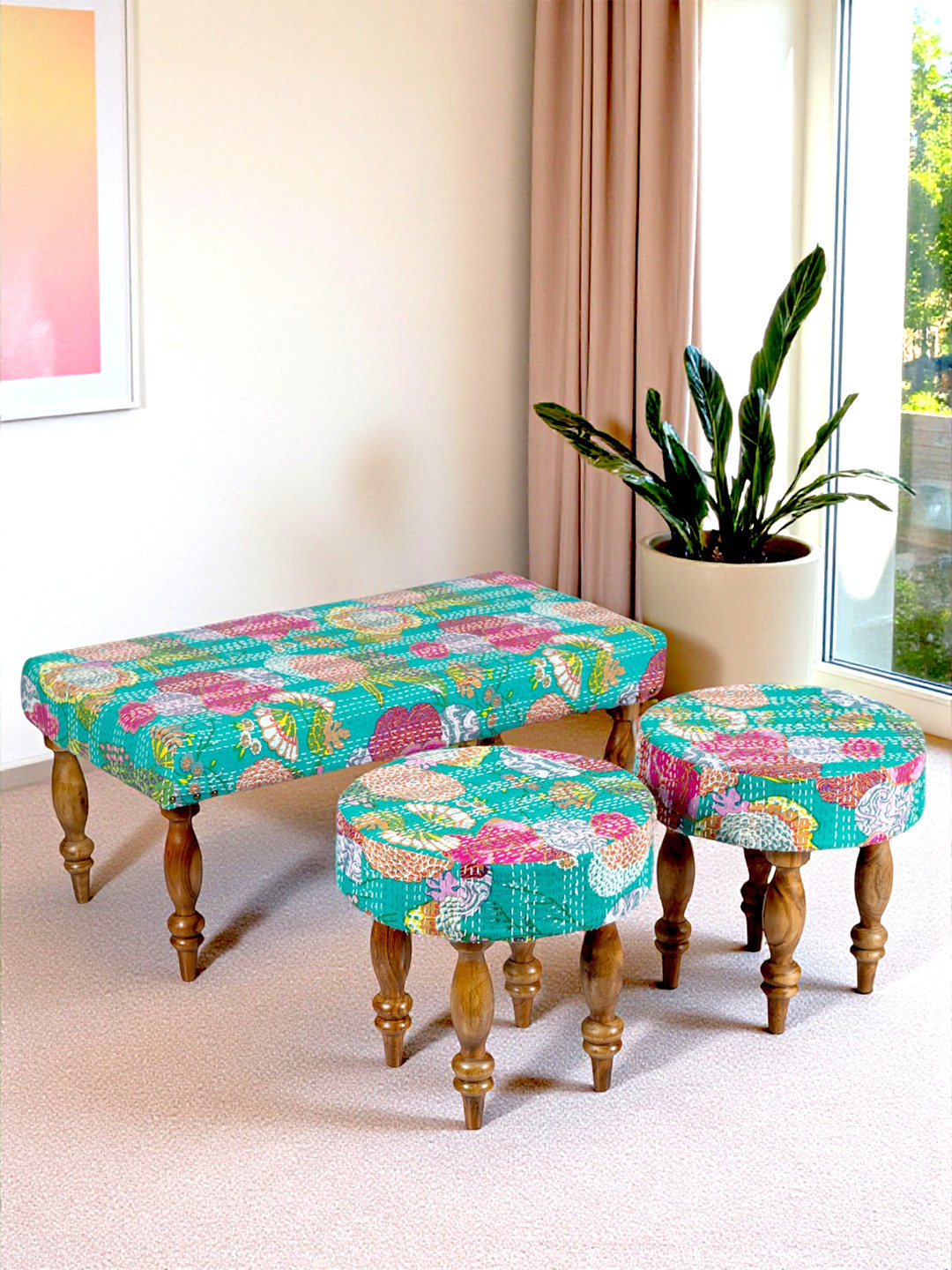 Ikiriya Rosewood Mid Century 3+1+1 Bench Set With 2 Stools In Sea Green Fruit Print Kantha
