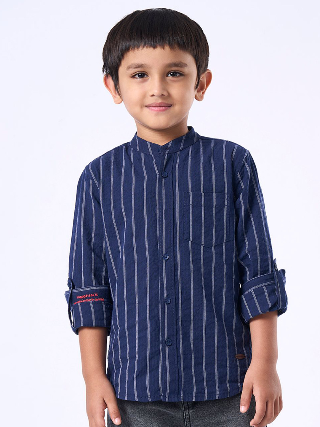 Ed-a-Mamma Boys Vertical Striped Mandarin Collar Pure Cotton Casual Shirt