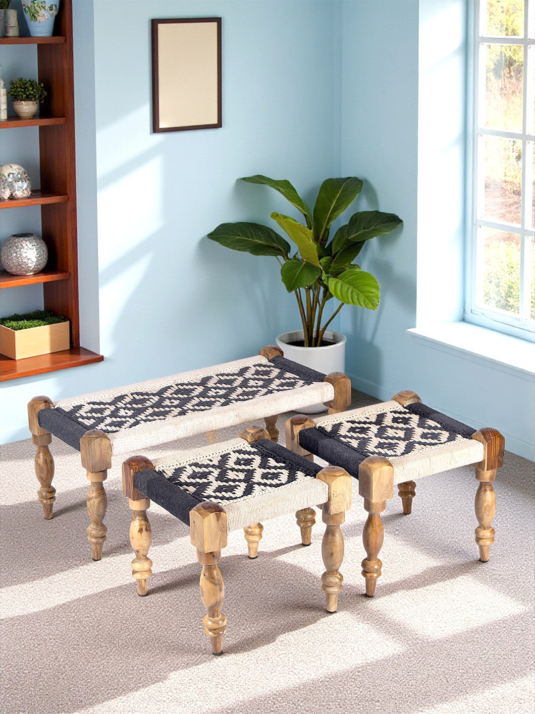 Ikiriya Sheesham Wood 2+1+1 Seater Maachi Bench Set With 2 Stools In Black & White Rope