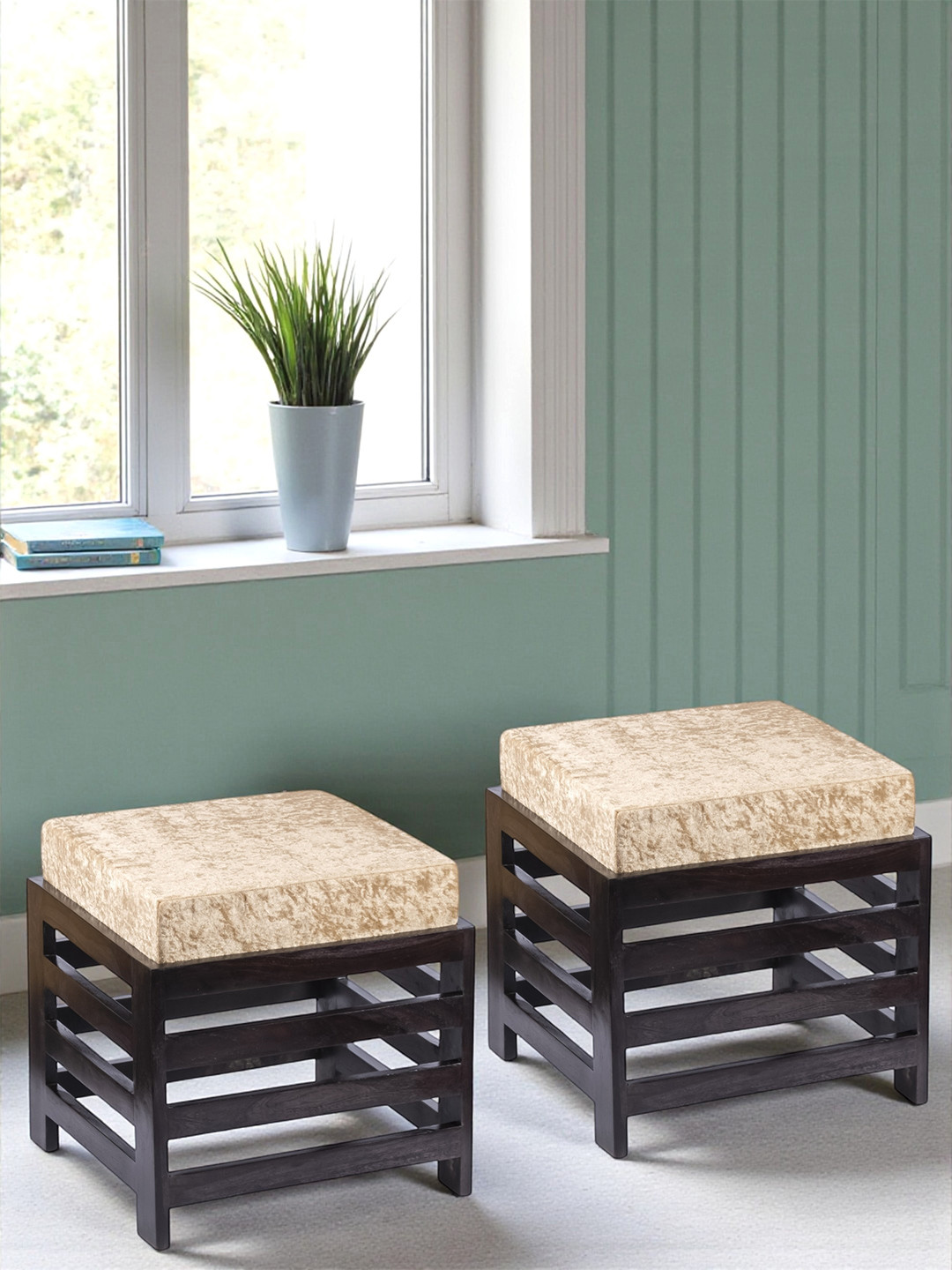 Ikiriya Set Of 2 Stools In Extra Dark Mahagony Finish With Beige Sparkle Velvet Cushion