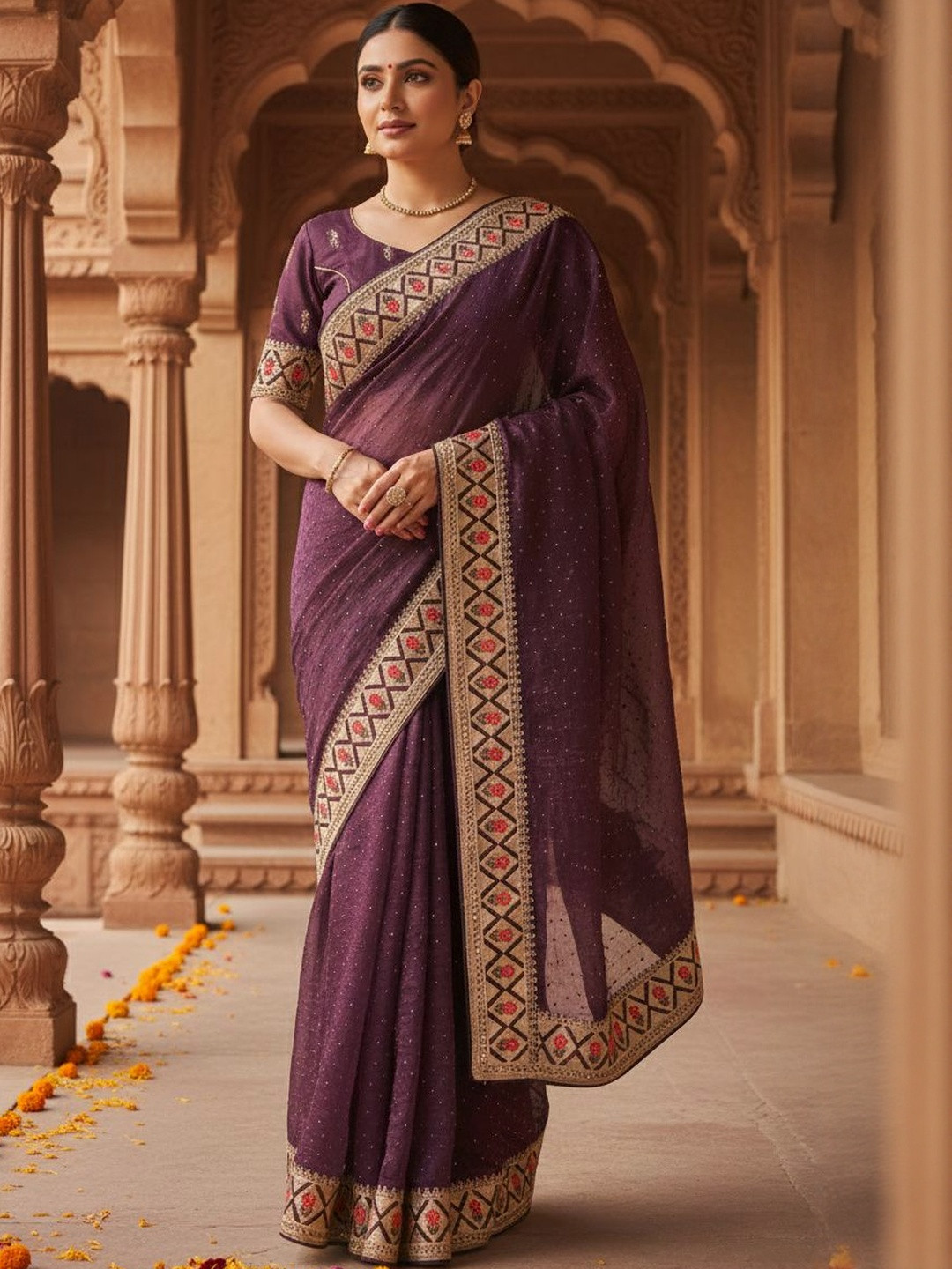 GEN Z TRENDS Embellished Embroidered Tissue Heavy Work Saree