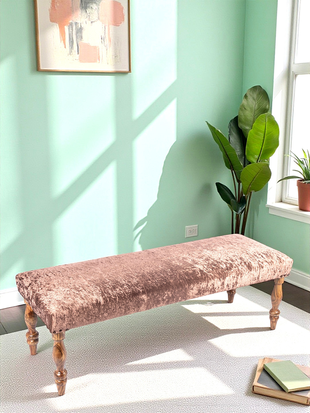 Ikiriya Cairo Sheesham Wood Accent 3 Seater Bench In Caramel Brown Sparkle Velvet