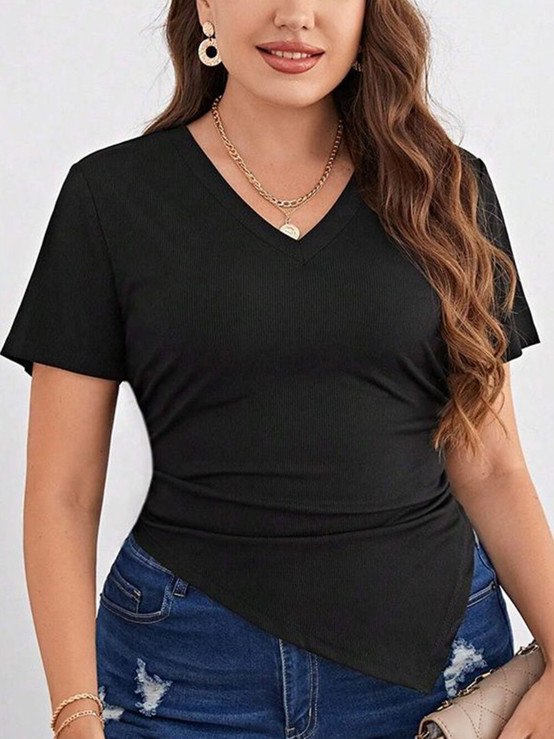 LULU & SKY Women Black Ribbed V-Neck Asymmetric Hem Top