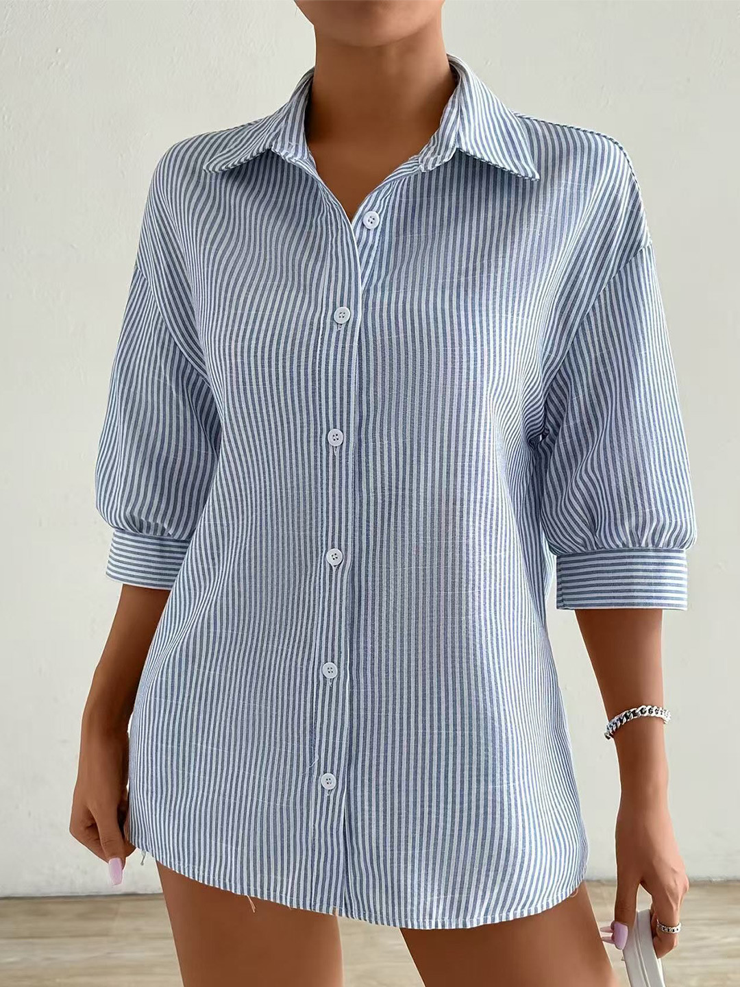 StyleCast Women Horizontal Striped Spread Collar Three-Quarter Sleeves Casual Shirt
