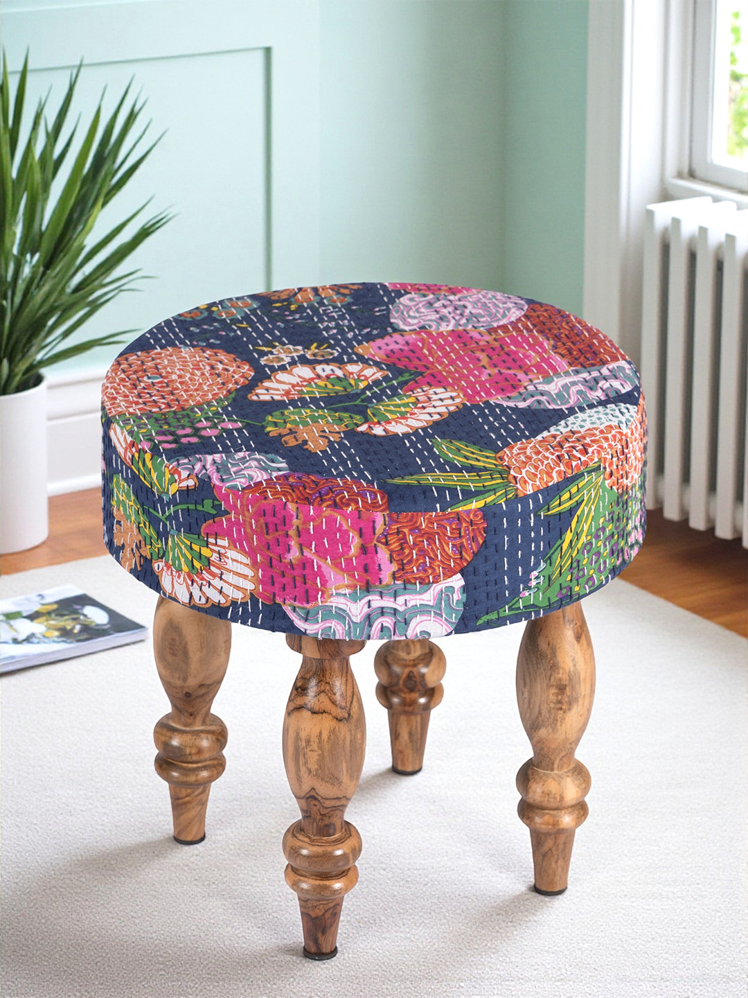 Ikiriya Sheesham Wood Mid Century Round Stool In Fruit Print Blue Kantha Upholstery