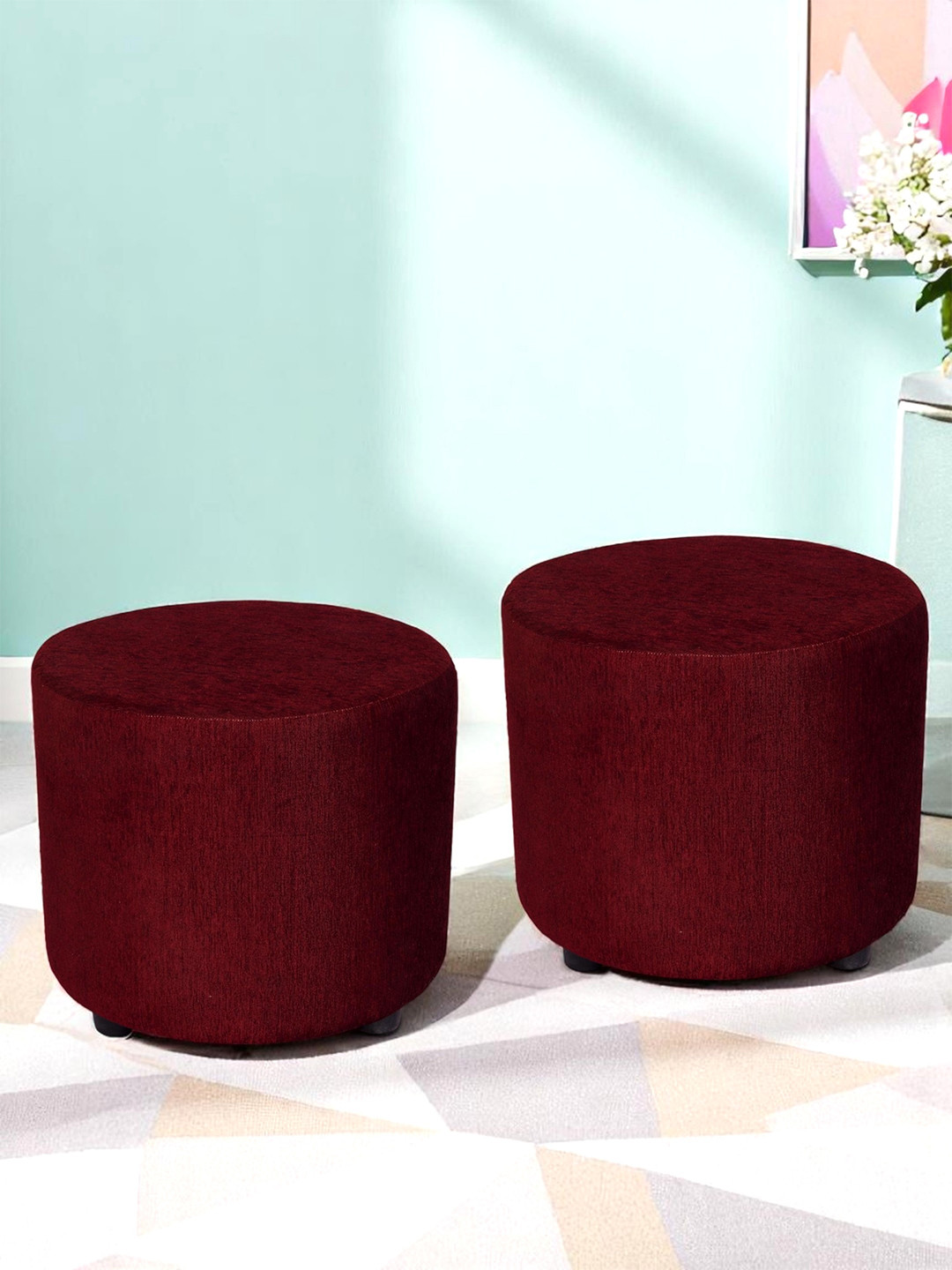 Ikiriya Solid Wood Contemporary Round Set Of 2 Pouffees In Maroon Mossy Fabric Upholstery