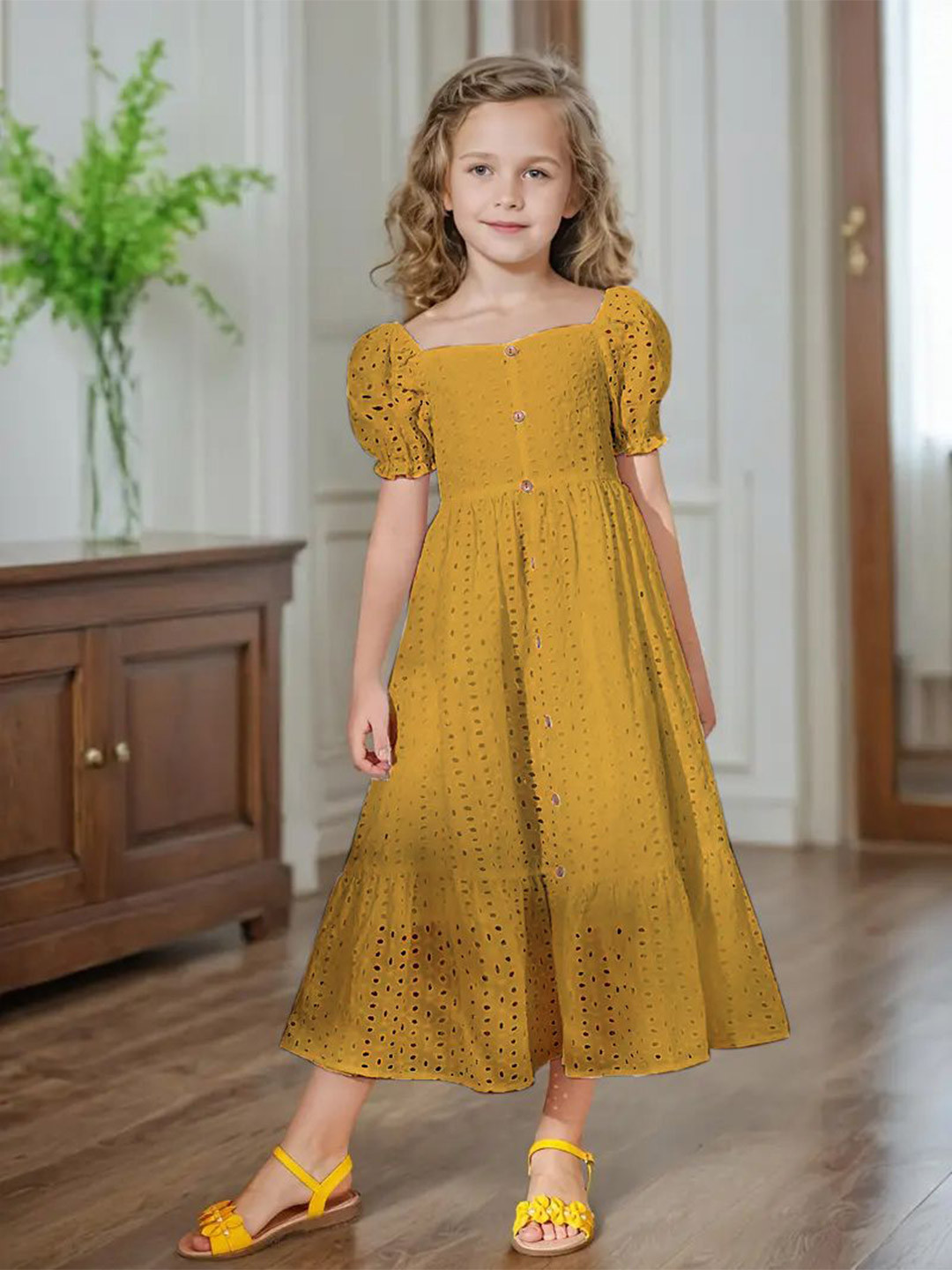 BAESD Girls Schiffli Sweetheart Neck Button Front Puff Sleeve A-Line Midi Dress