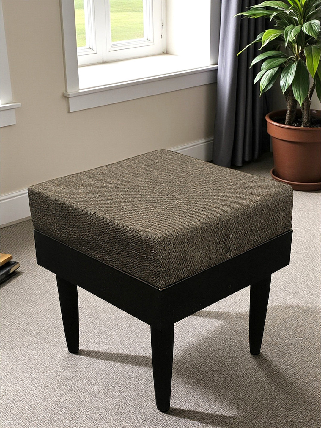 Ikiriya Lisbon Sheesham Wood Accent Square Stool In Jute Brown Upholstery