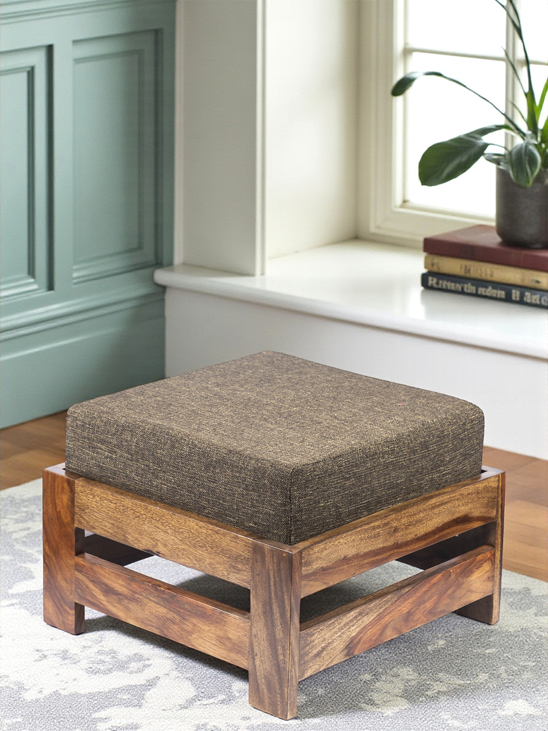 Ikiriya Sheesham Wood Square Foot Stool In Teak Finish With Jute Brown Cushion