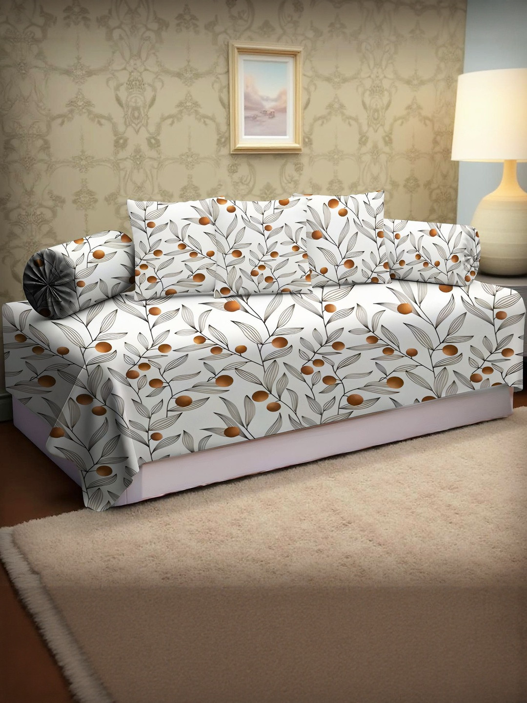 IVAZA Cotton Bedsheet with Bolster and Cushion Covers Diwan Set