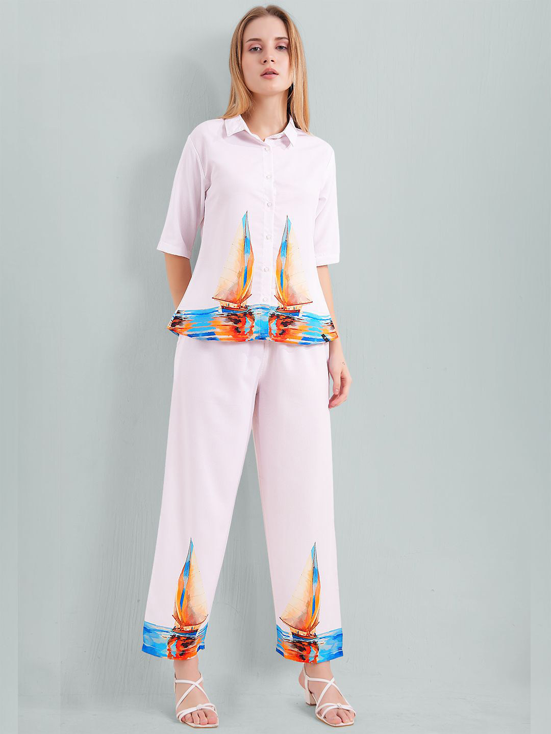 L&M Leisure and Moods Women Rayon Shirt & Pant with Colorful Sailboat Print Co-Ords Set