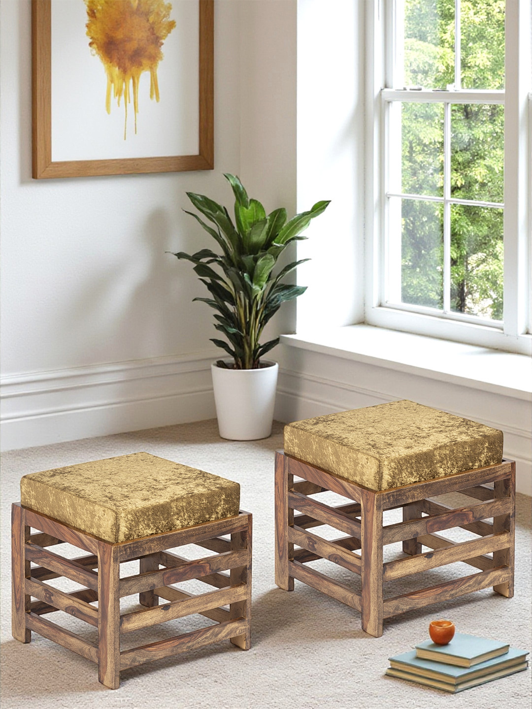 Ikiriya Sheesham Wood Set Of 2 Stools In Teak Finish With Green Sparkle Velvet Cushion