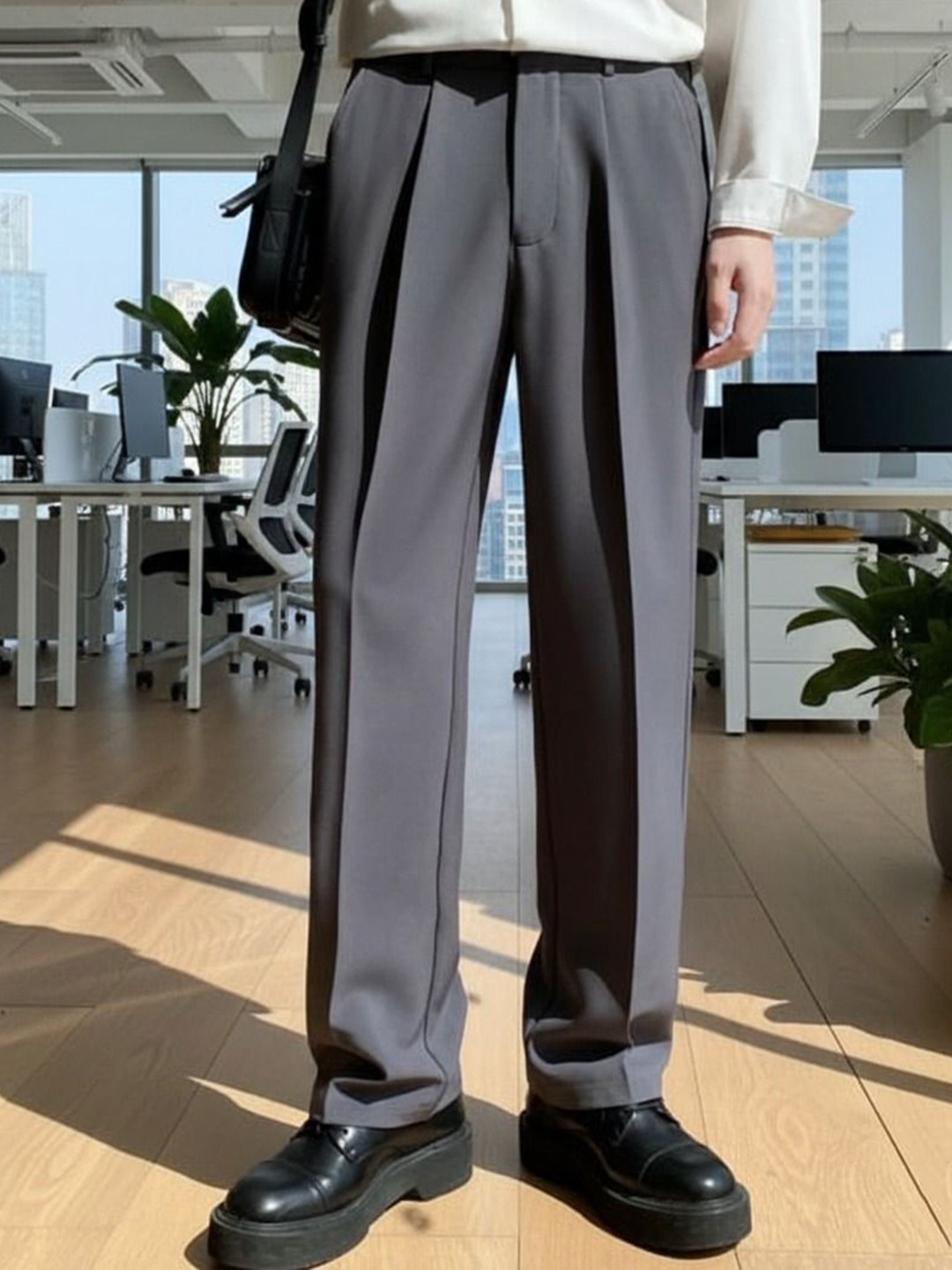 COVZ Men Relaxed Straight Leg Mid-Rise Loose Fit Pleated Korean Pants