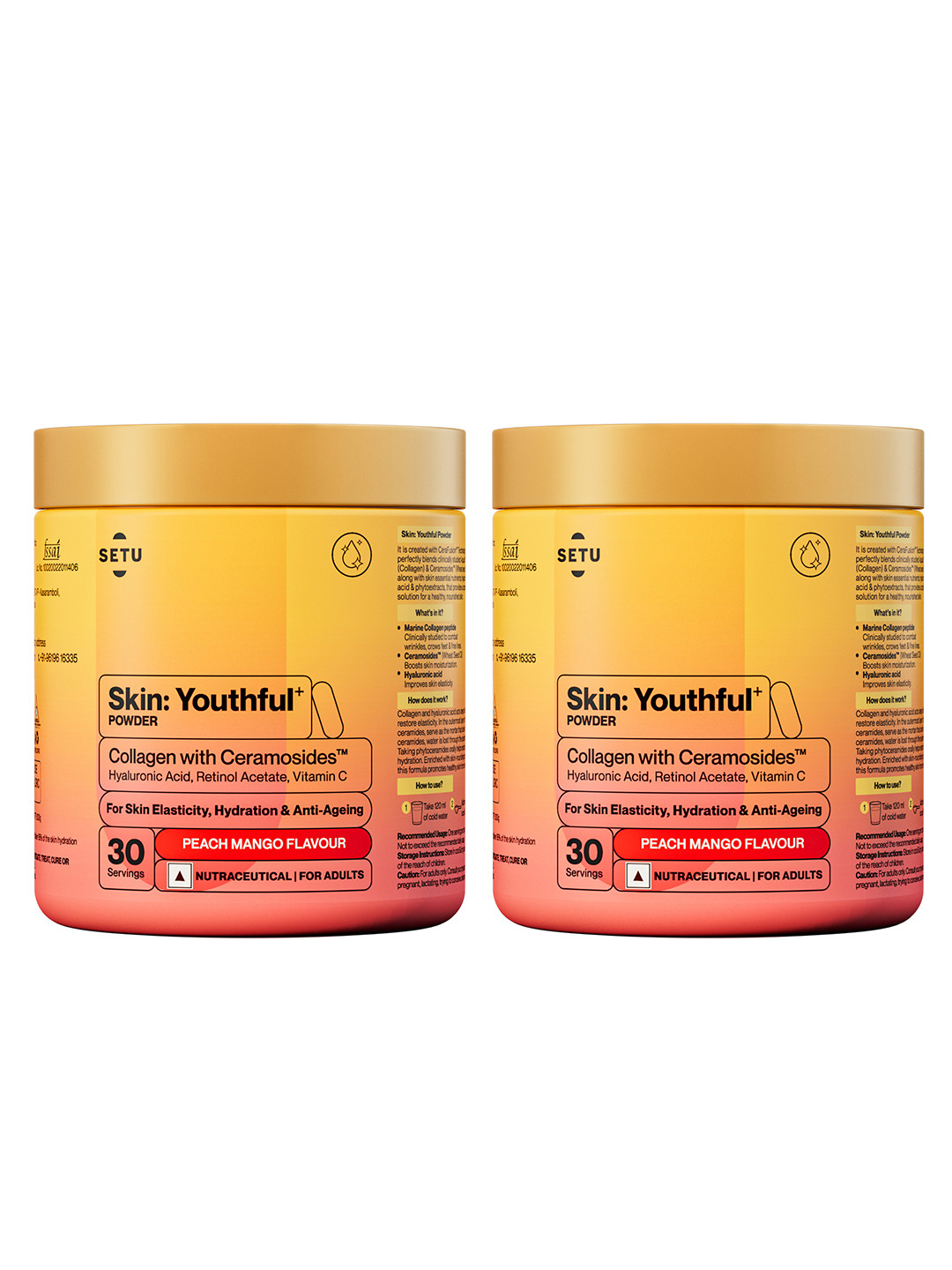 SETU Set of 2 Skin Youthful Marine Collagen Powder- Peach Mango- 300g Each (60 servings)