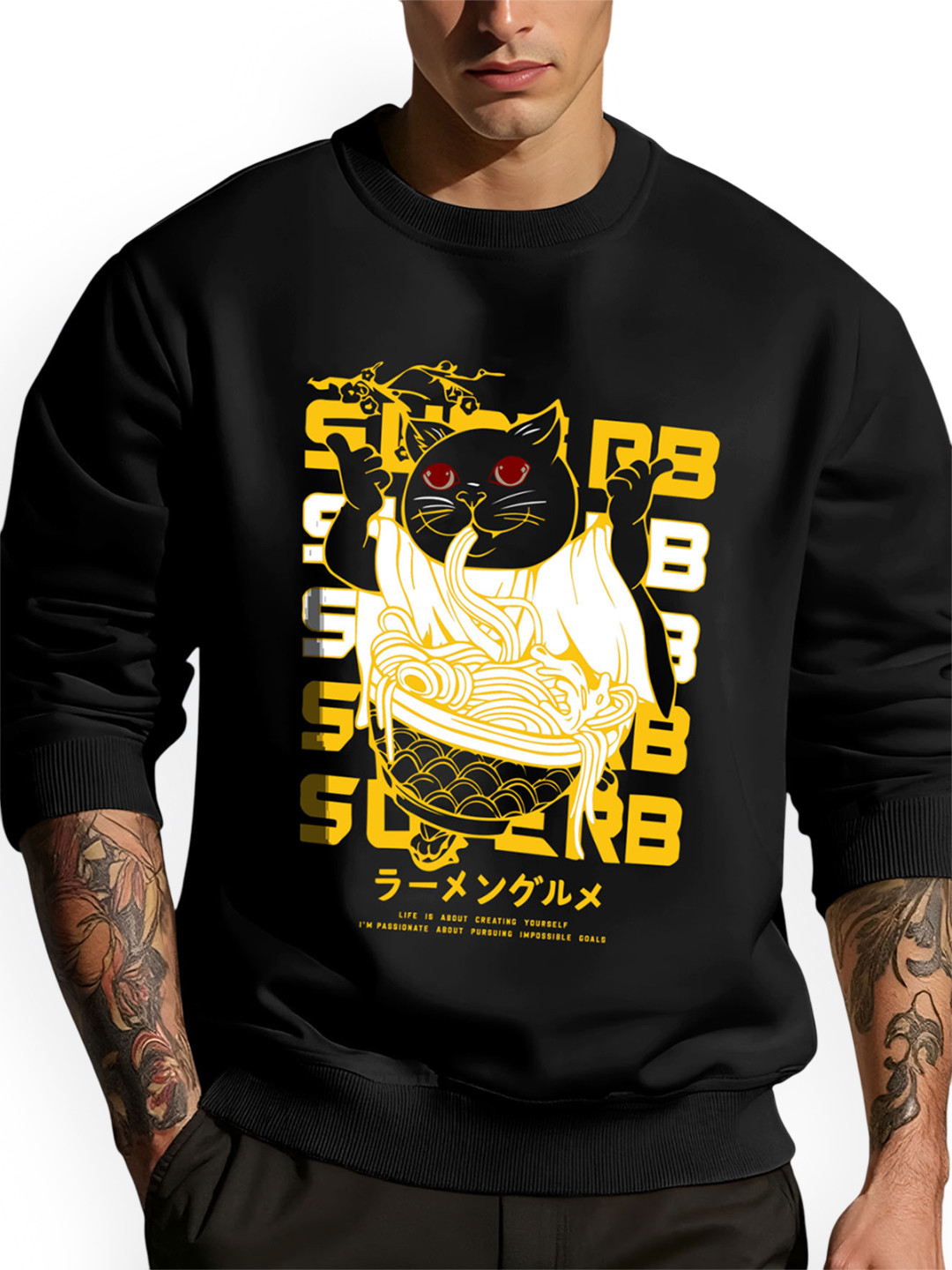 AUSK Men Black & Yellow Printed Full Sleeve Round Neck Fleece Ribbed Sweatshirt
