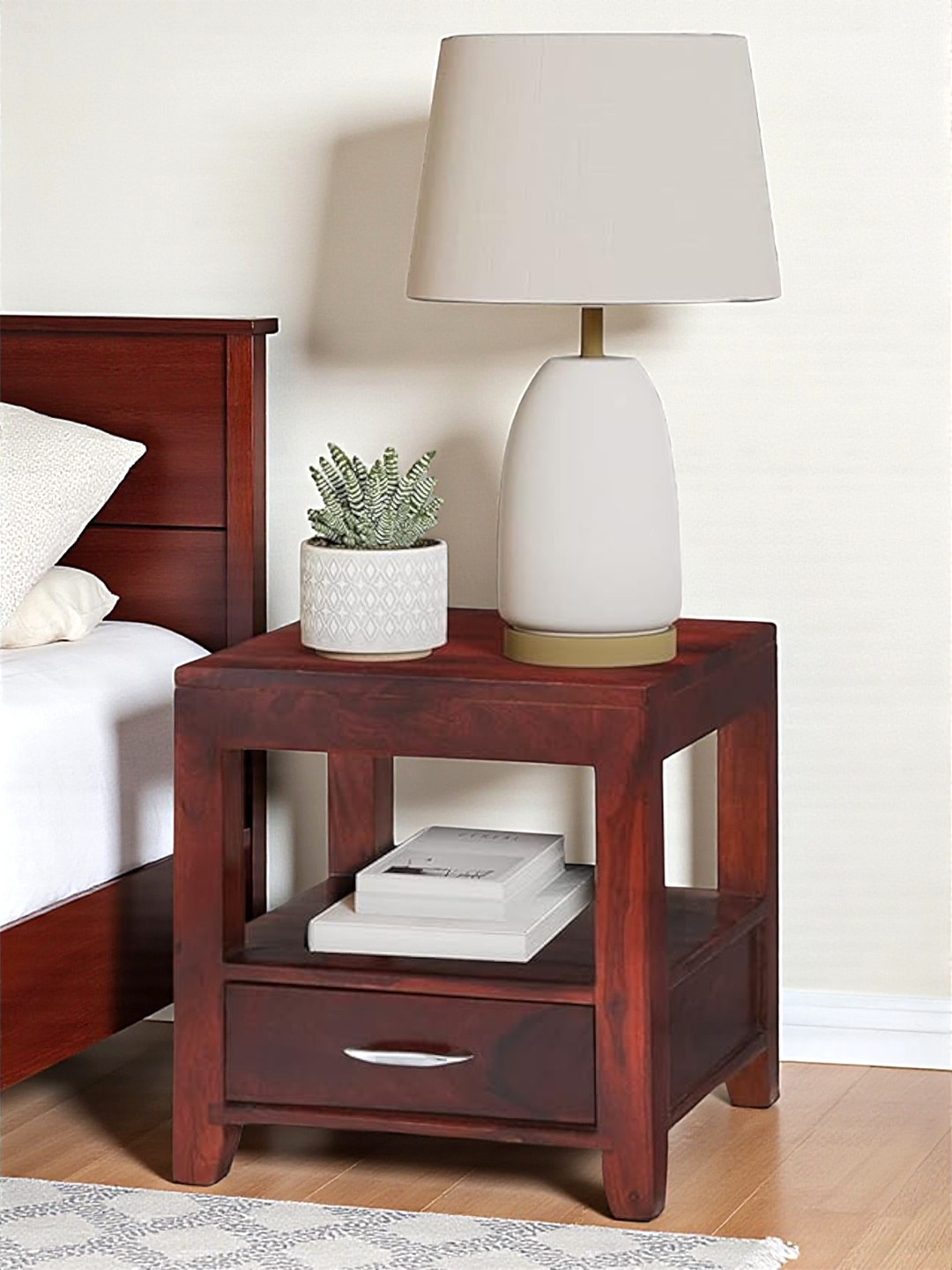 Ikiriya Kassel Sheesham Wood Contemporary Bedside Table/ End Table In Honey Finish